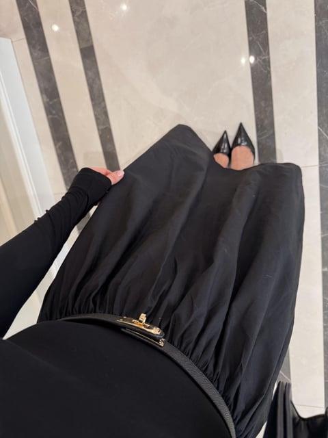 Siyah Beli Büzgü Detaylı Elbise-37041