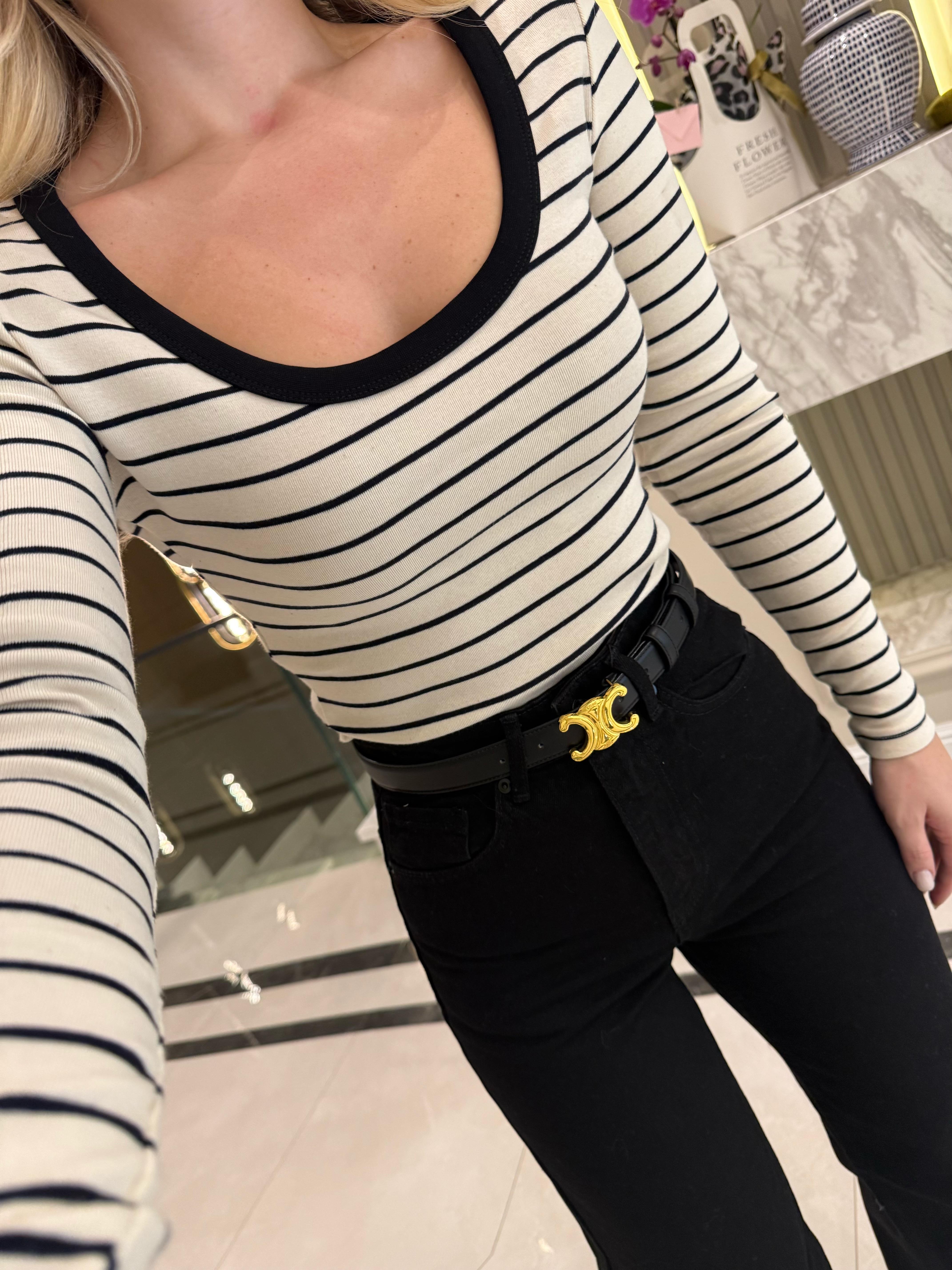 Siyah-Beyaz Çizgili Havuz Yaka Fitilli Triko Body