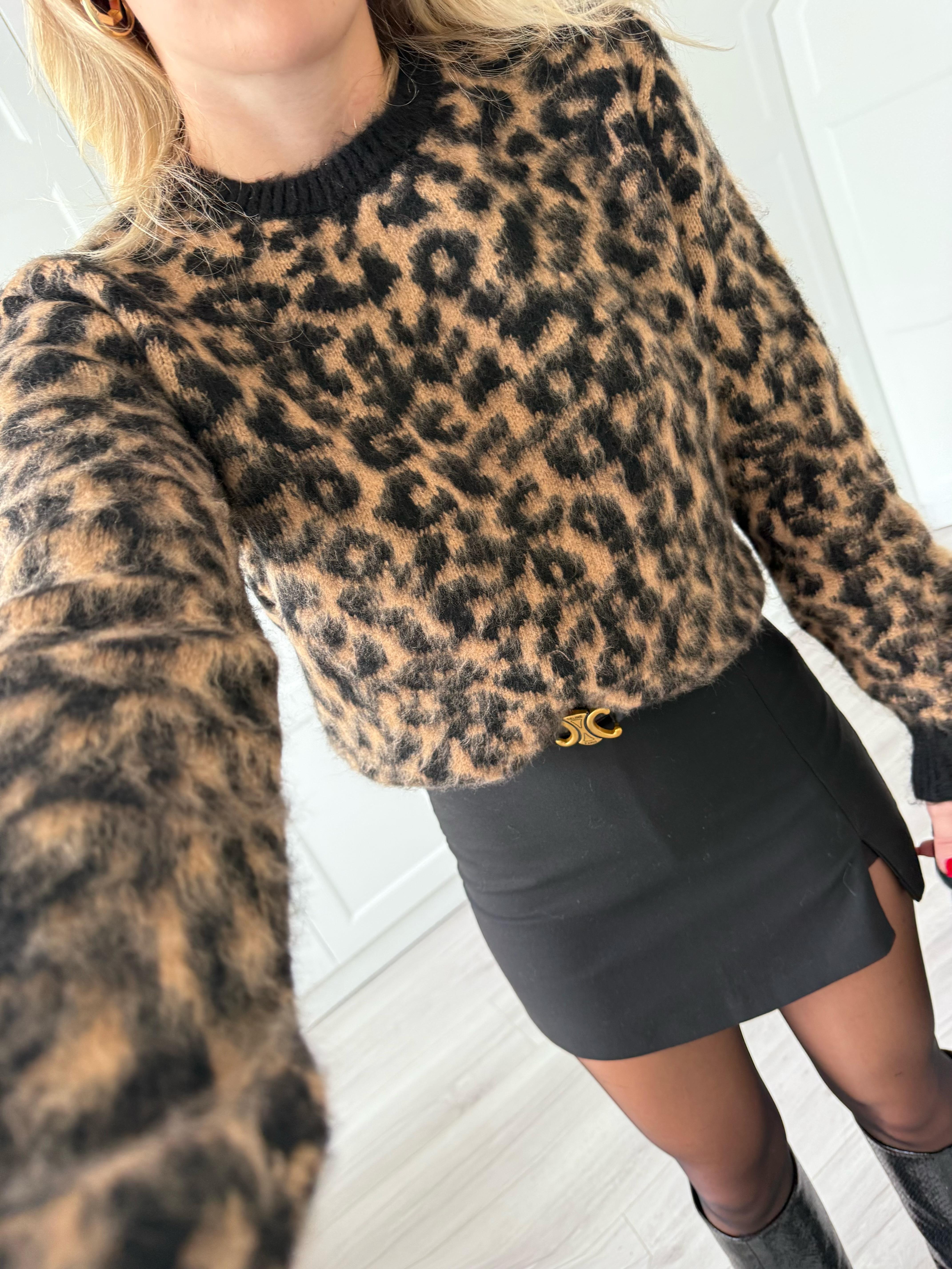 Siyah-Camel Leopar Desenli Kazak-1178