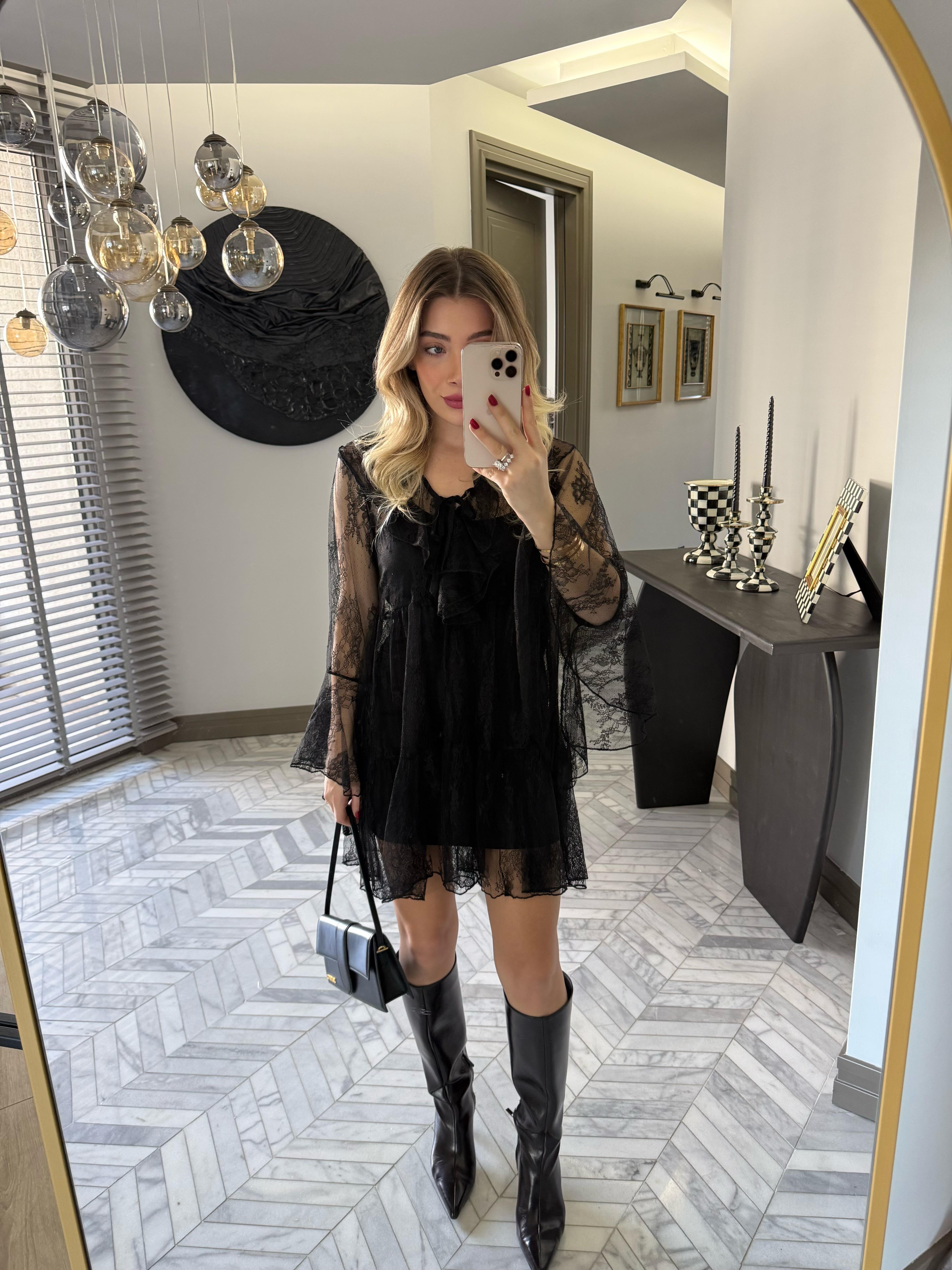 Siyah Dantel Elbise-35530