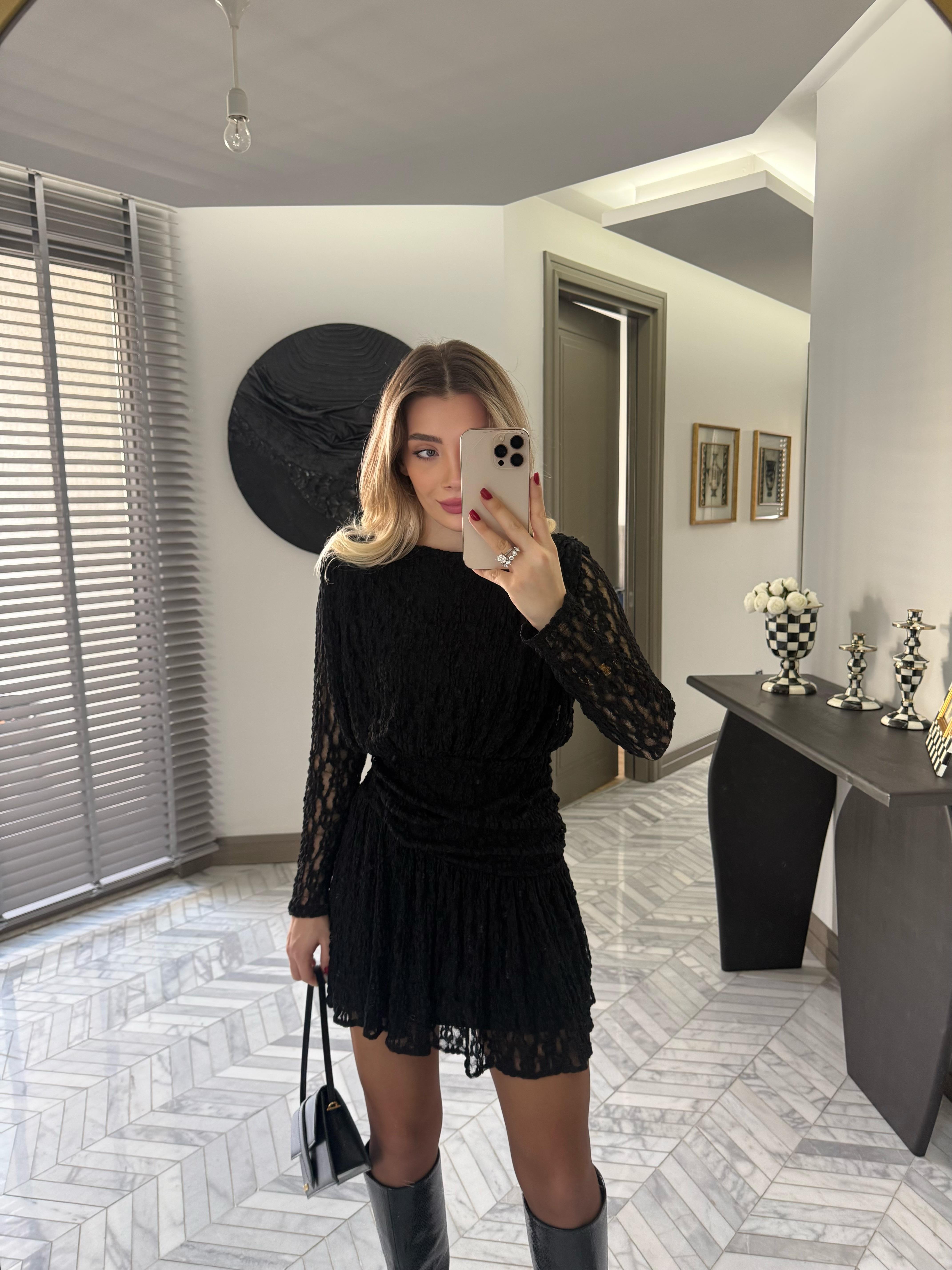 Siyah Dantel Kumaş Vatkalı Mini Elbise-35535