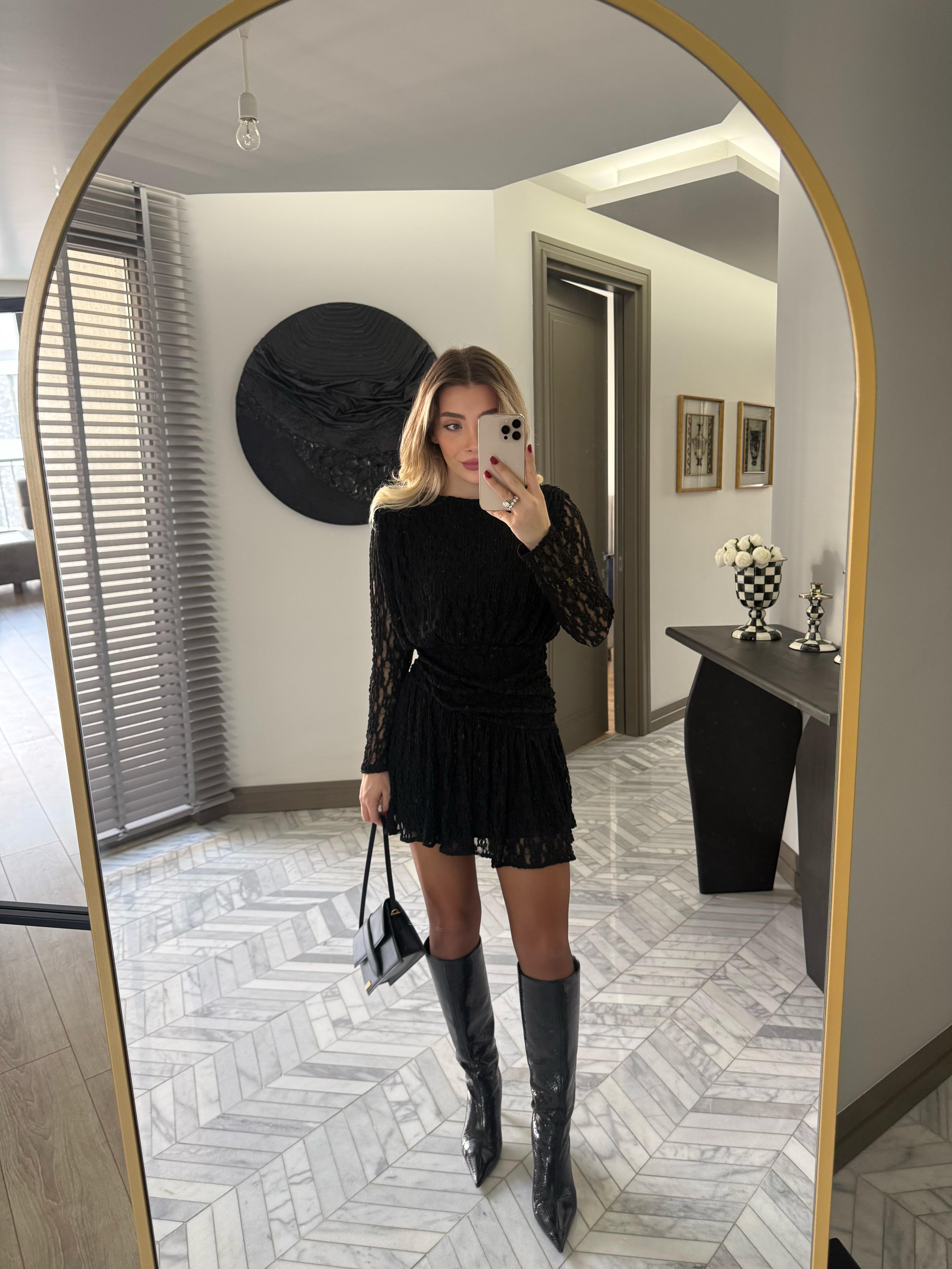 Siyah Dantel Kumaş Vatkalı Mini Elbise-35535