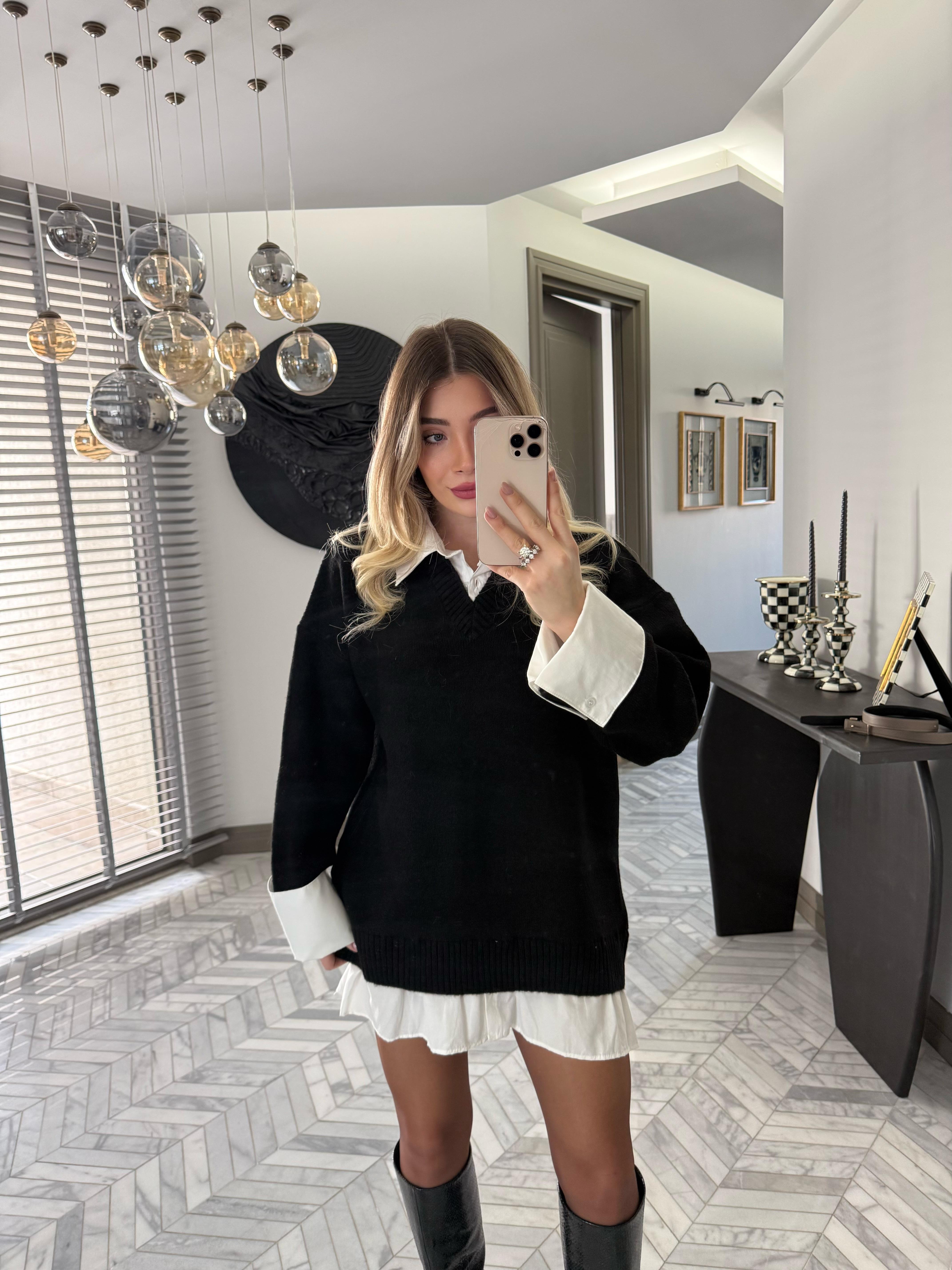Siyah Gömlek Görünümlü V Yaka Elbise-4661