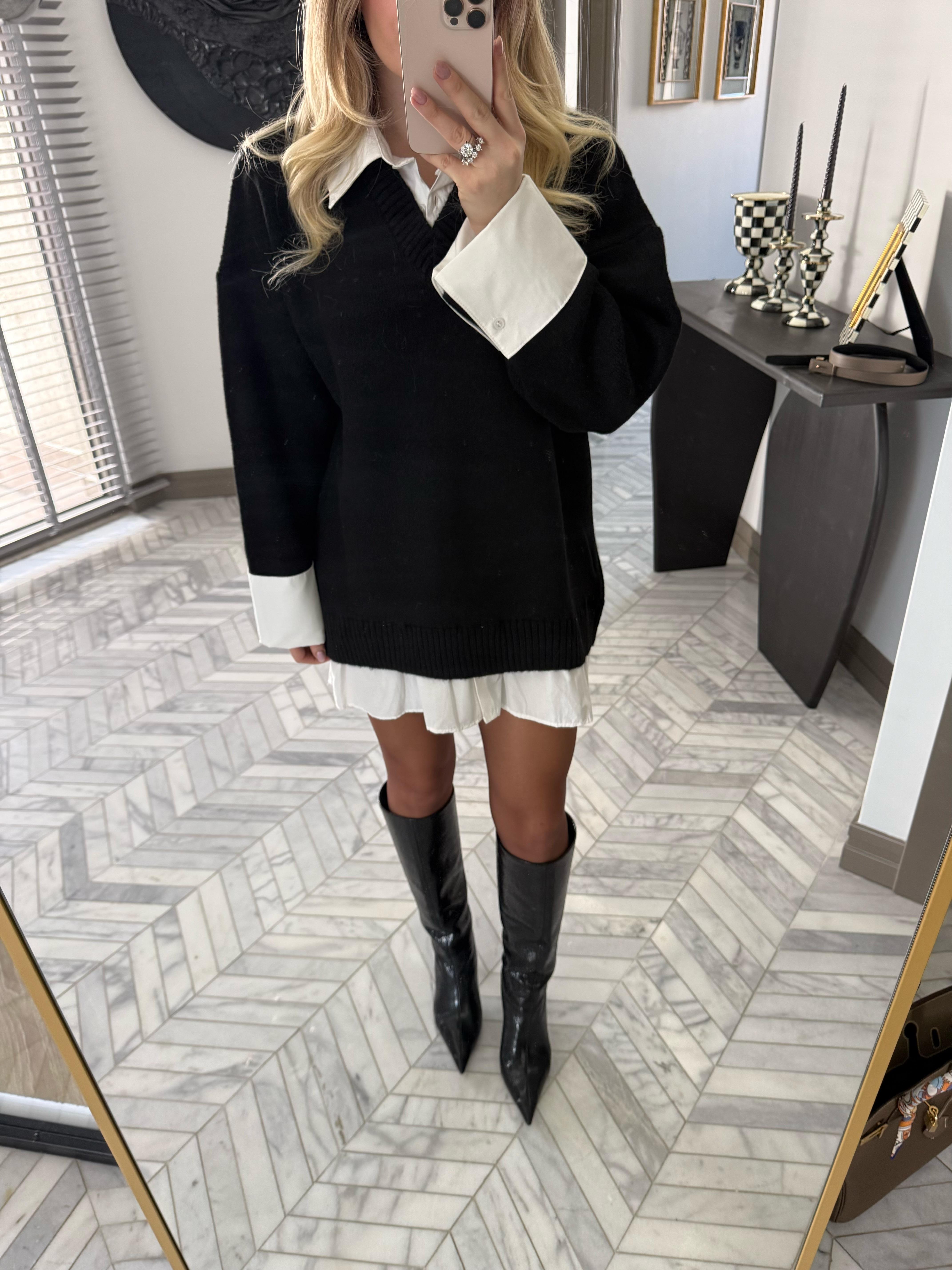 Siyah Gömlek Görünümlü V Yaka Elbise-4661