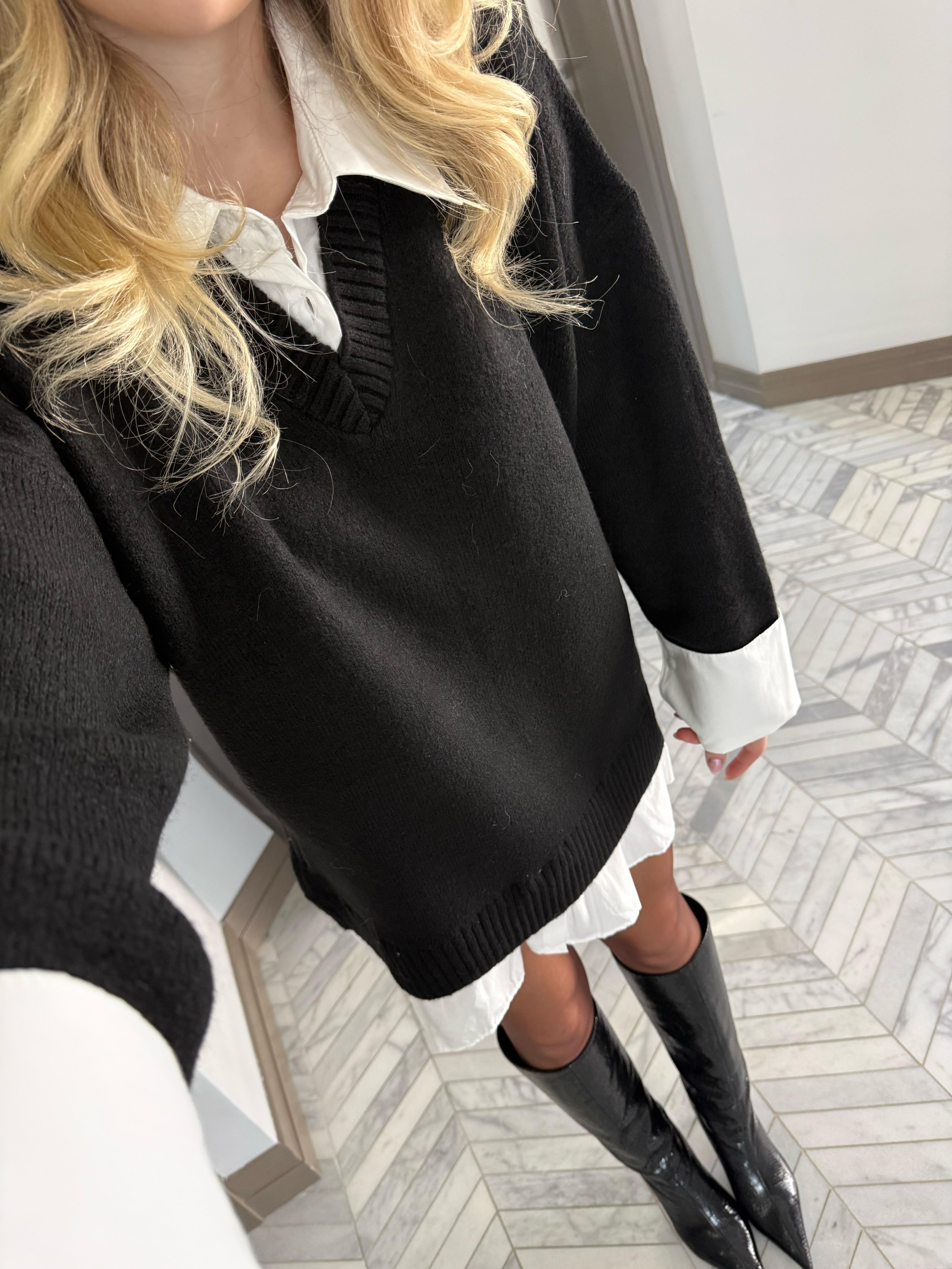 Siyah Gömlek Görünümlü V Yaka Elbise-4661