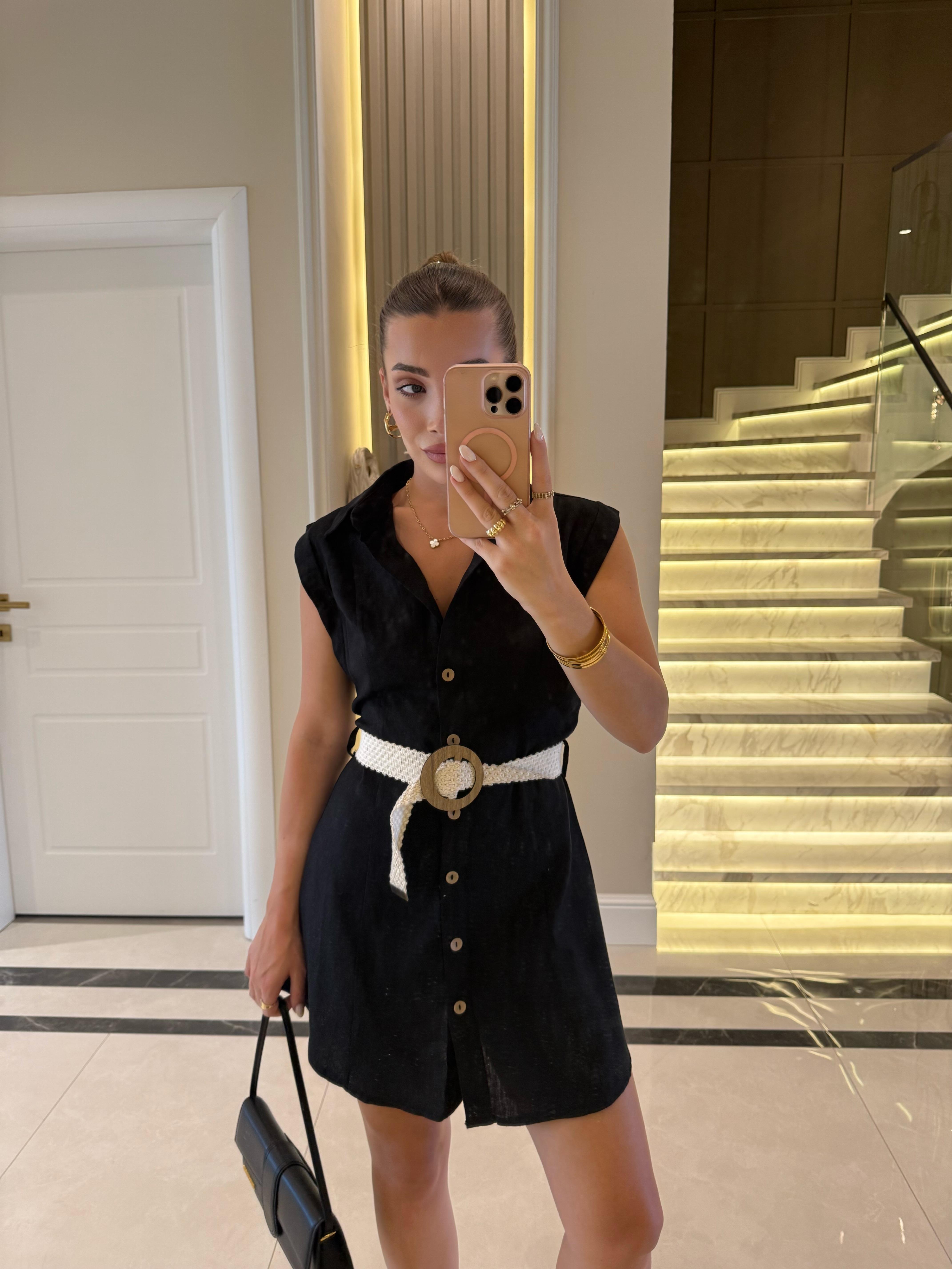 Siyah Ham Keten Kemerli Elbise