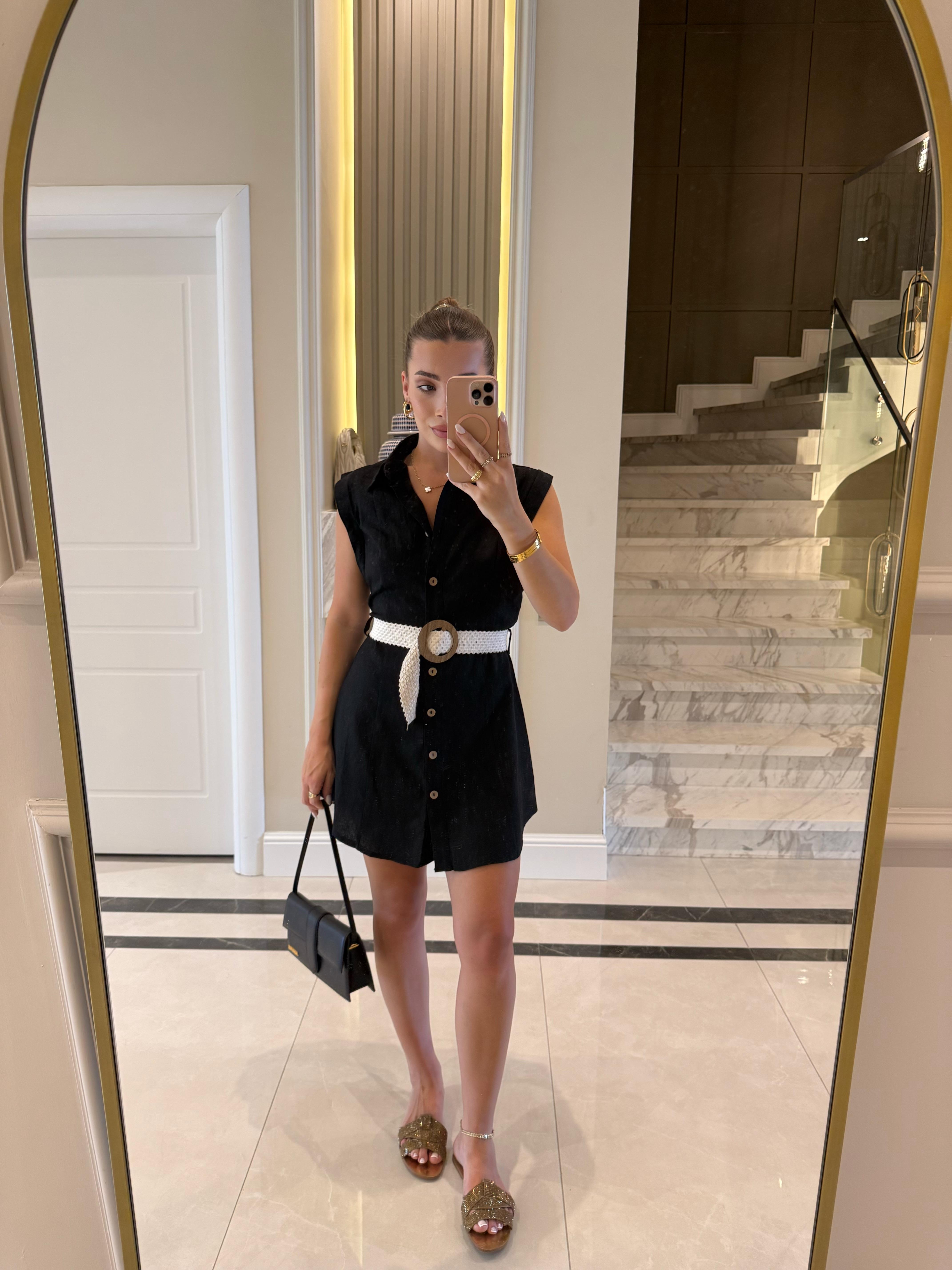 Siyah Ham Keten Kemerli Elbise