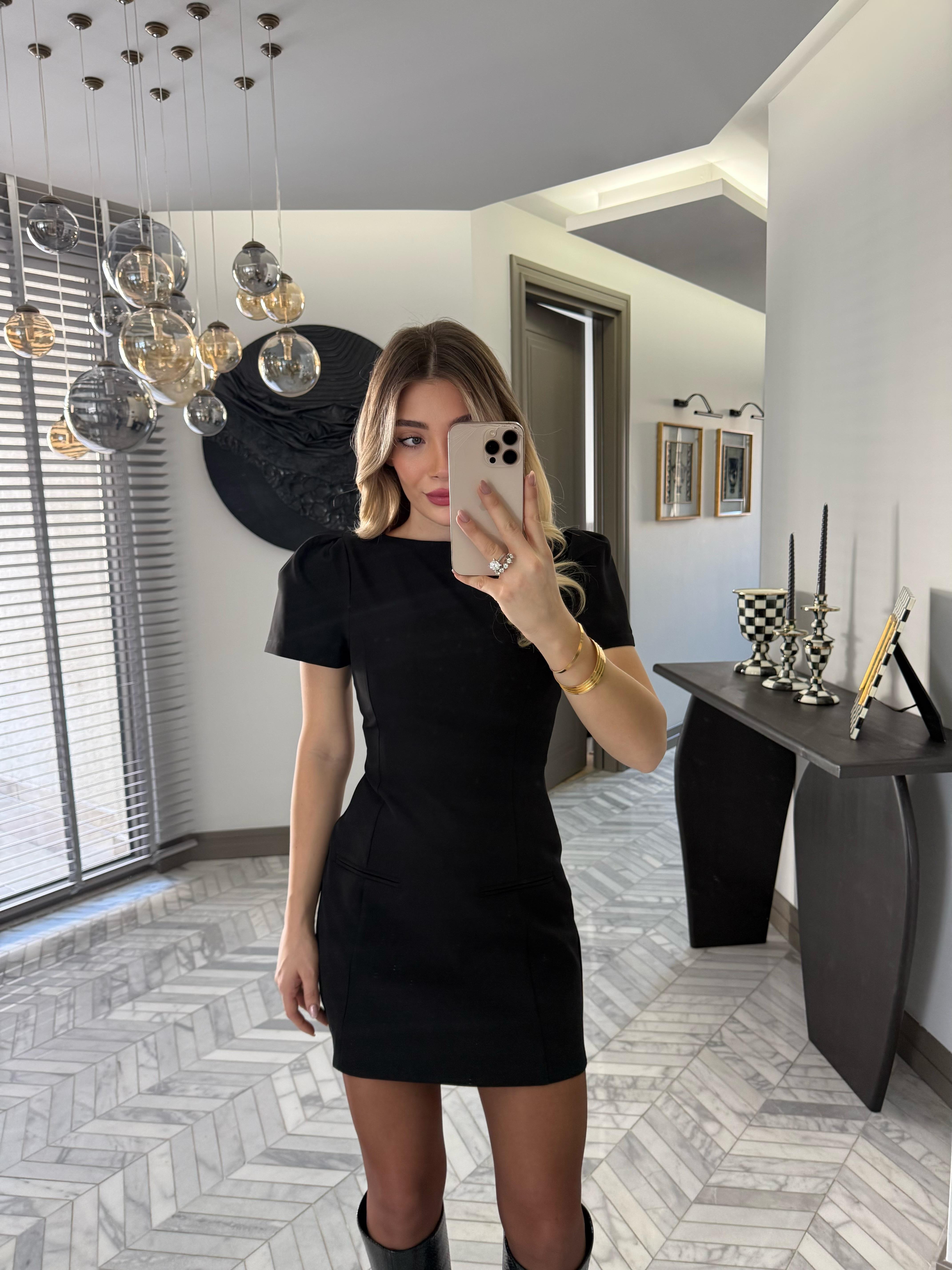 Siyah Karpuz Kol Mini Elbise-0789