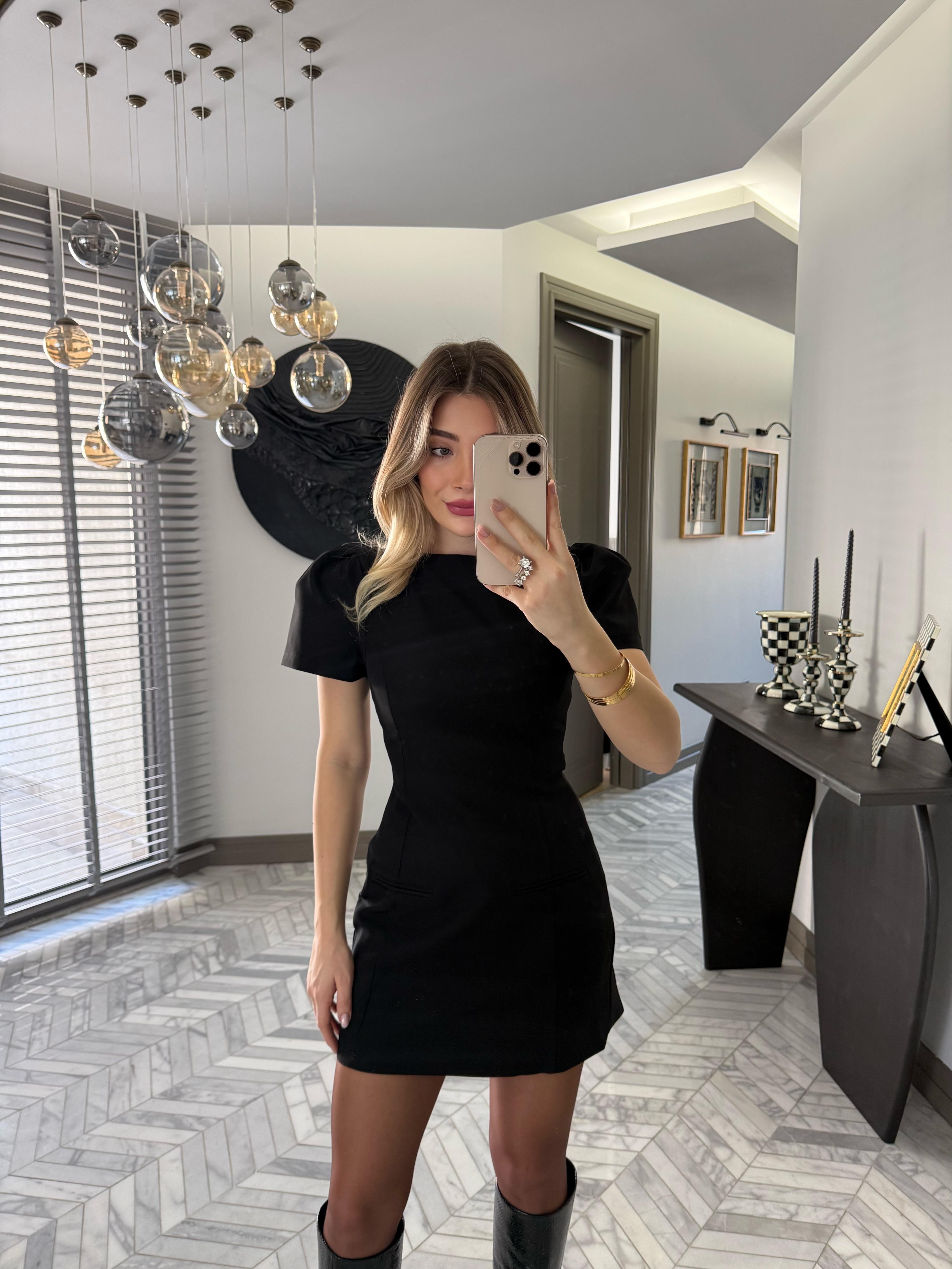 Siyah Karpuz Kol Mini Elbise-0789