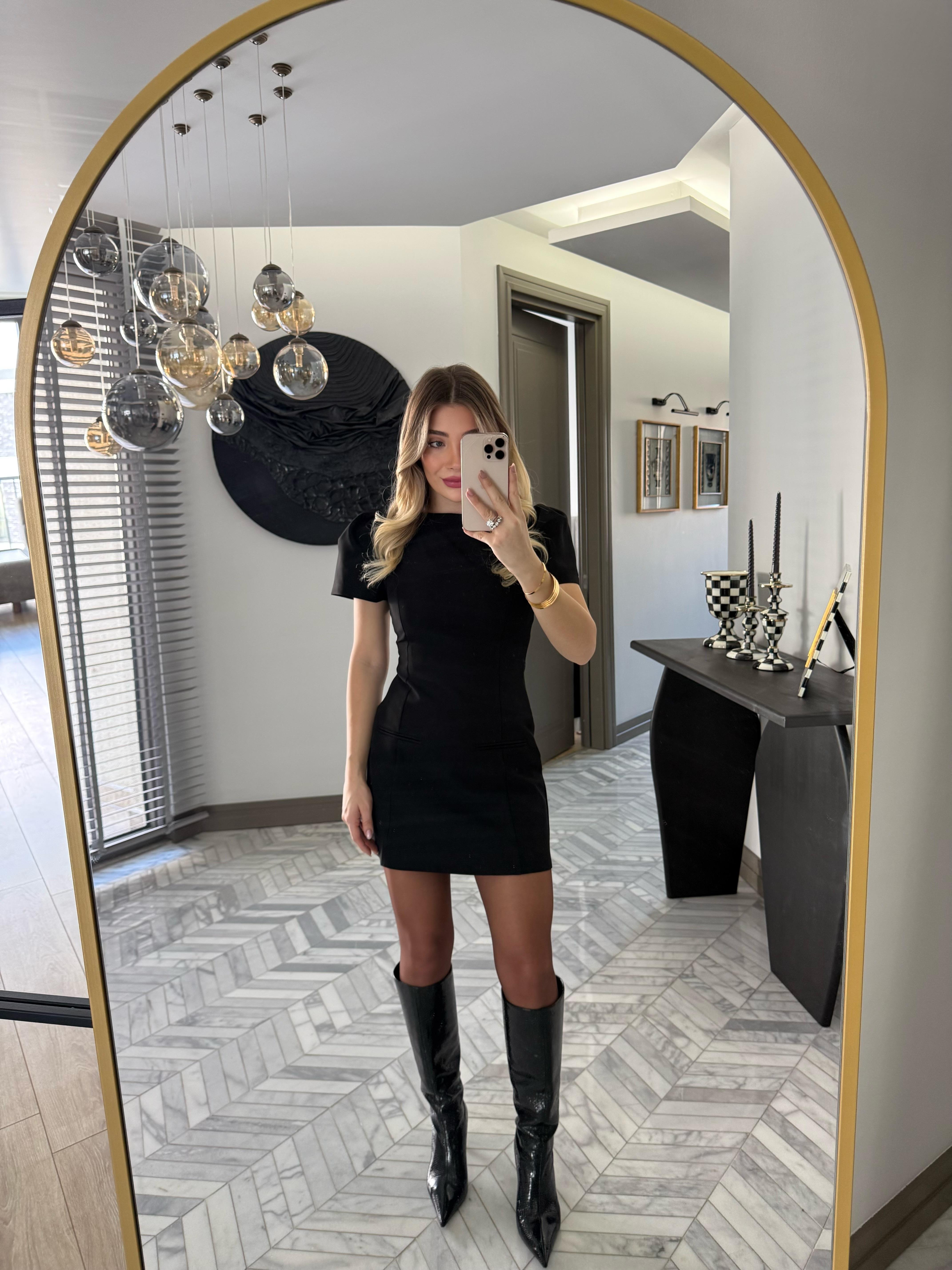 Siyah Karpuz Kol Mini Elbise-0789