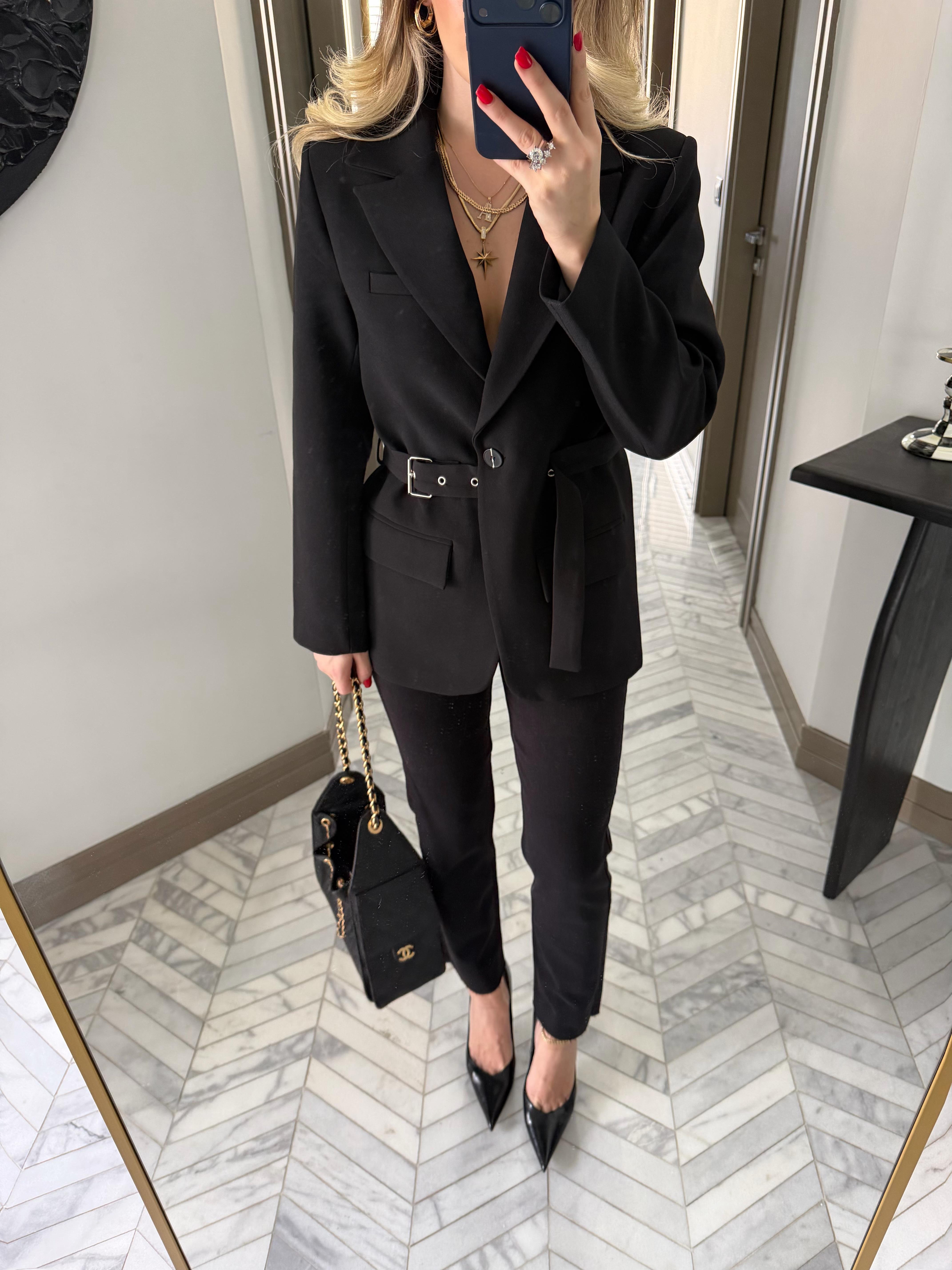Siyah Kemerli Blazer Ceket-9367