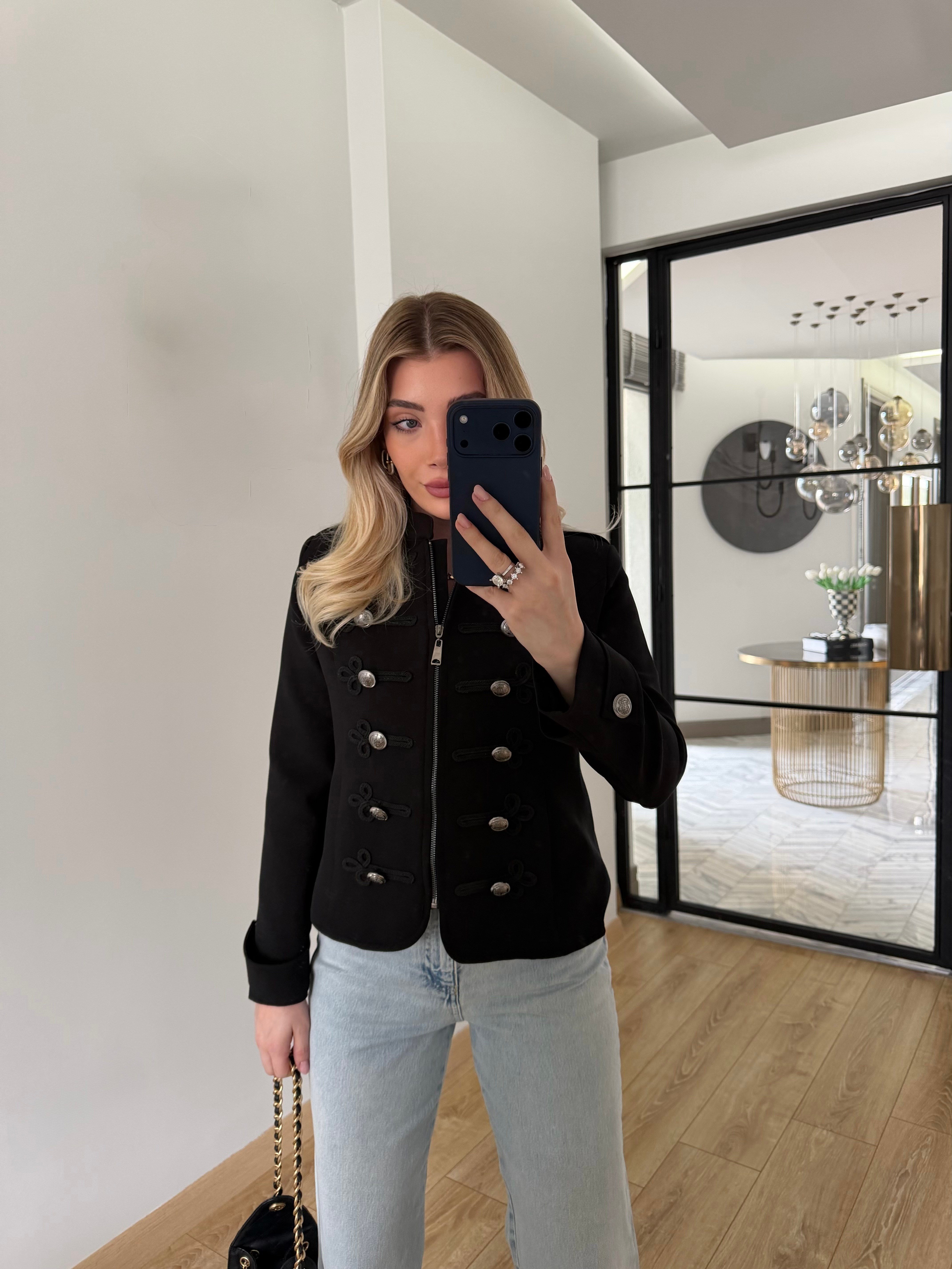 Siyah Napolyon Düğme Detaylı Ceket-9729