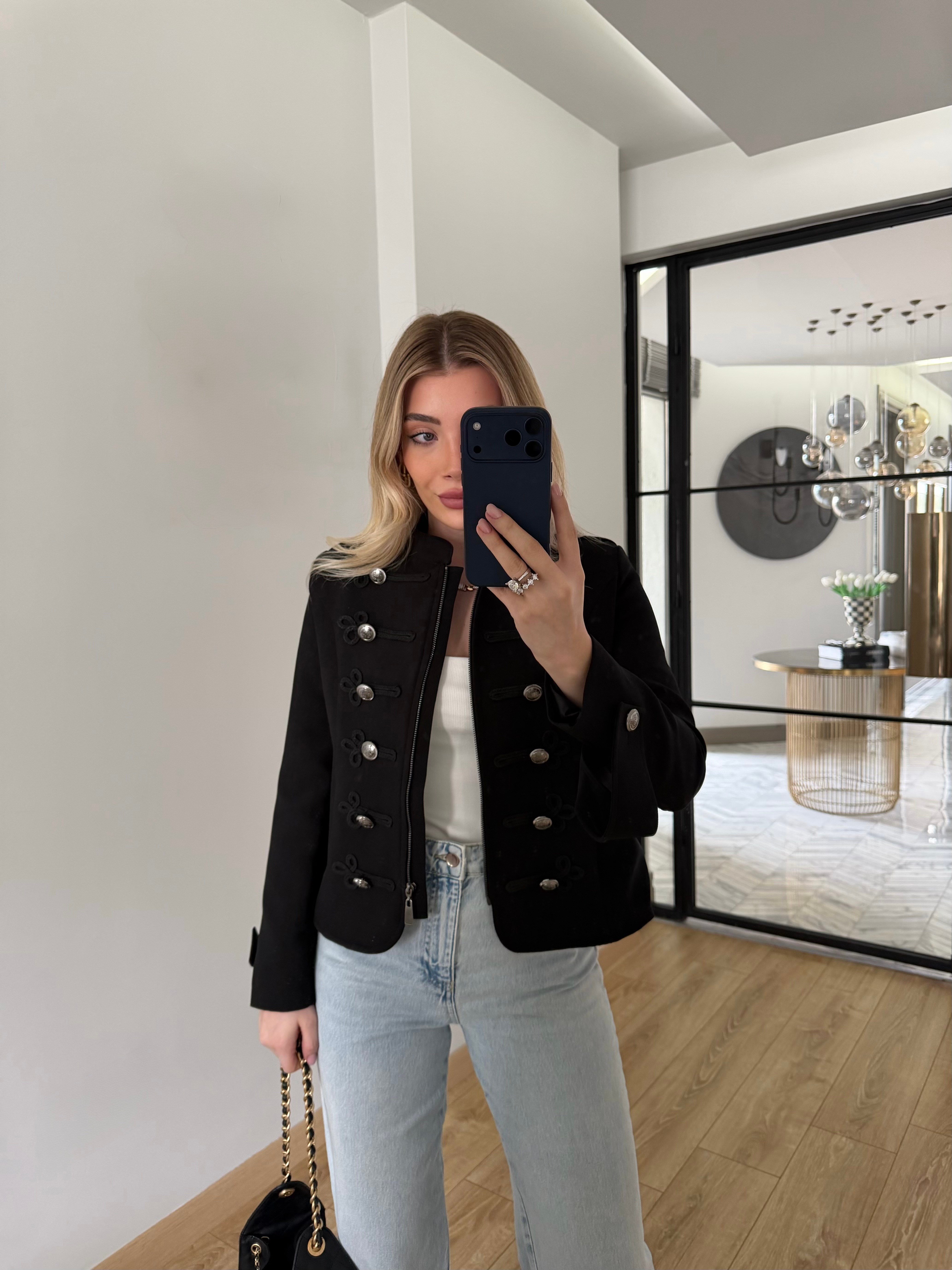 Siyah Napolyon Düğme Detaylı Ceket-9729