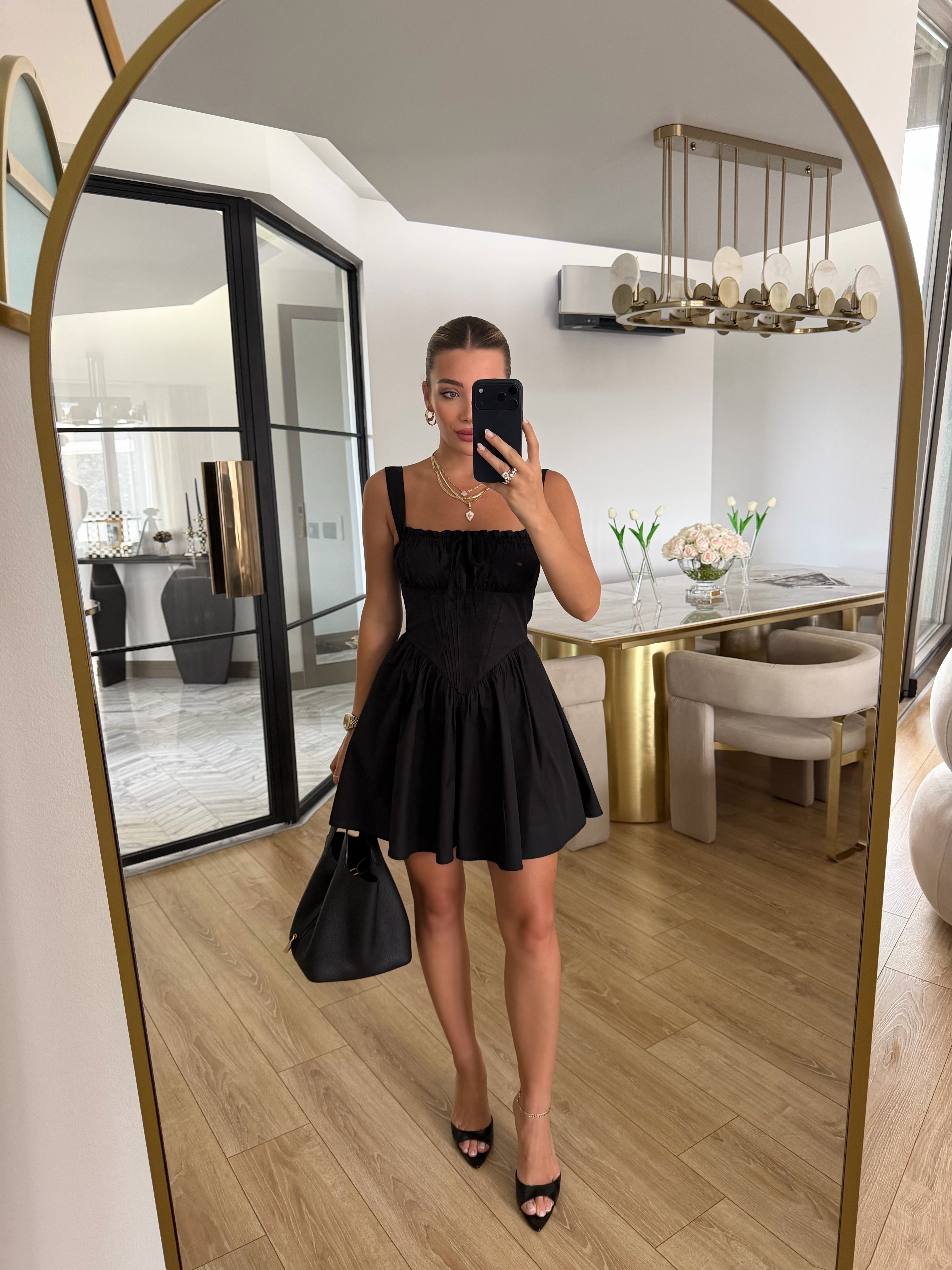 Siyah Nervür Detaylı Mini Elbise - 12455