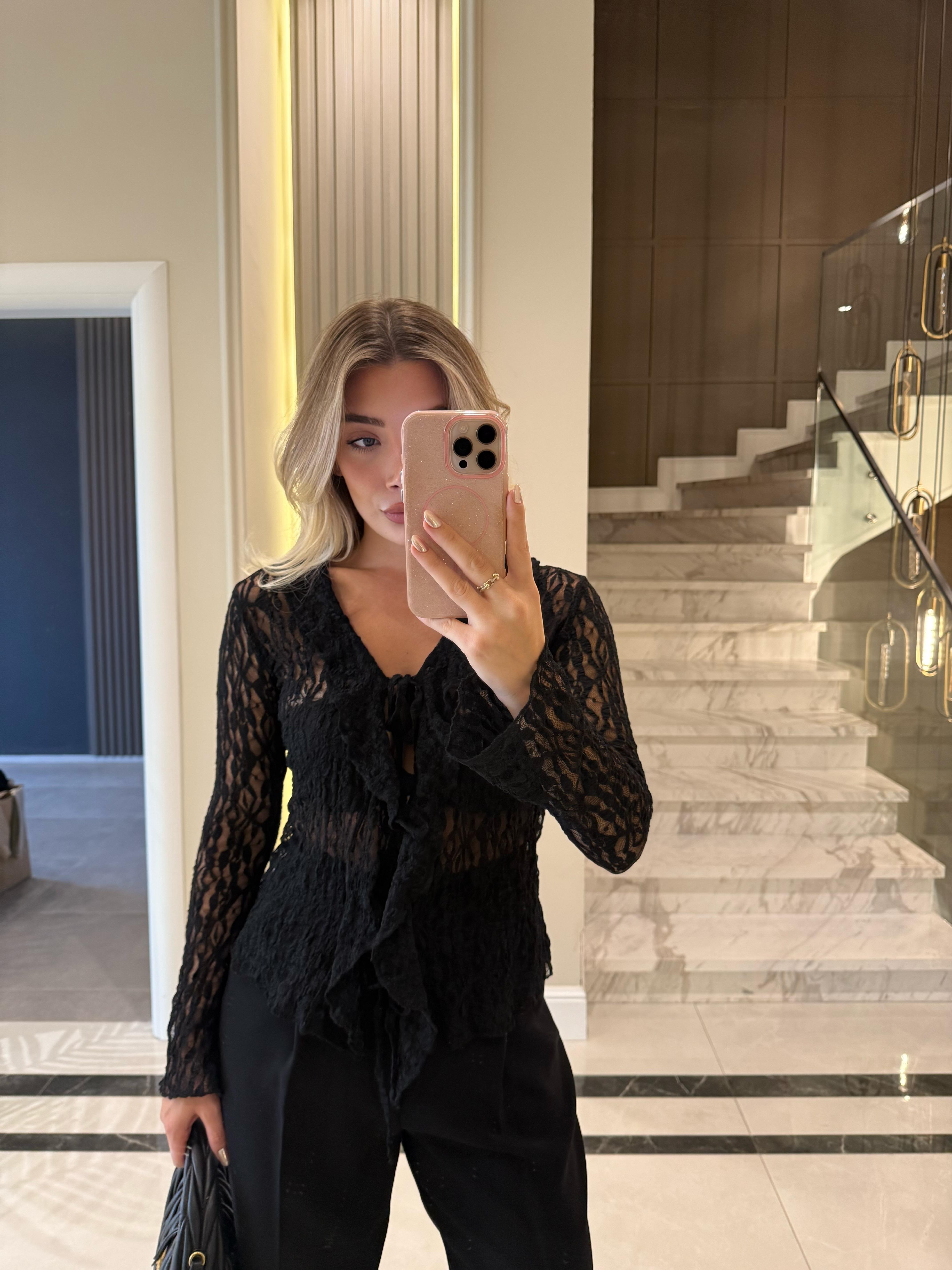 Siyah Önü Bağlamalı Transparan Bluz -1012