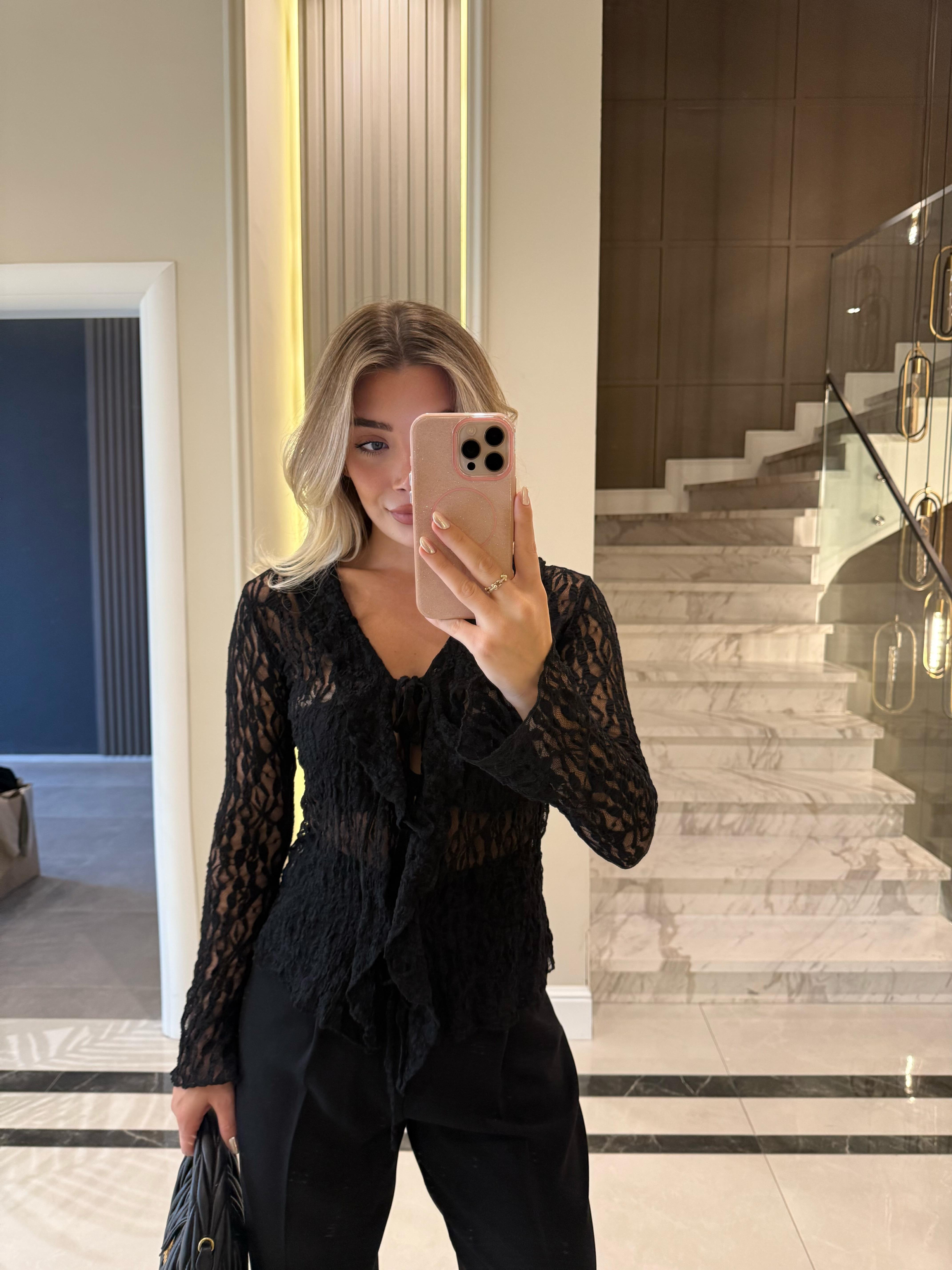 Siyah Önü Bağlamalı Transparan Bluz -1012