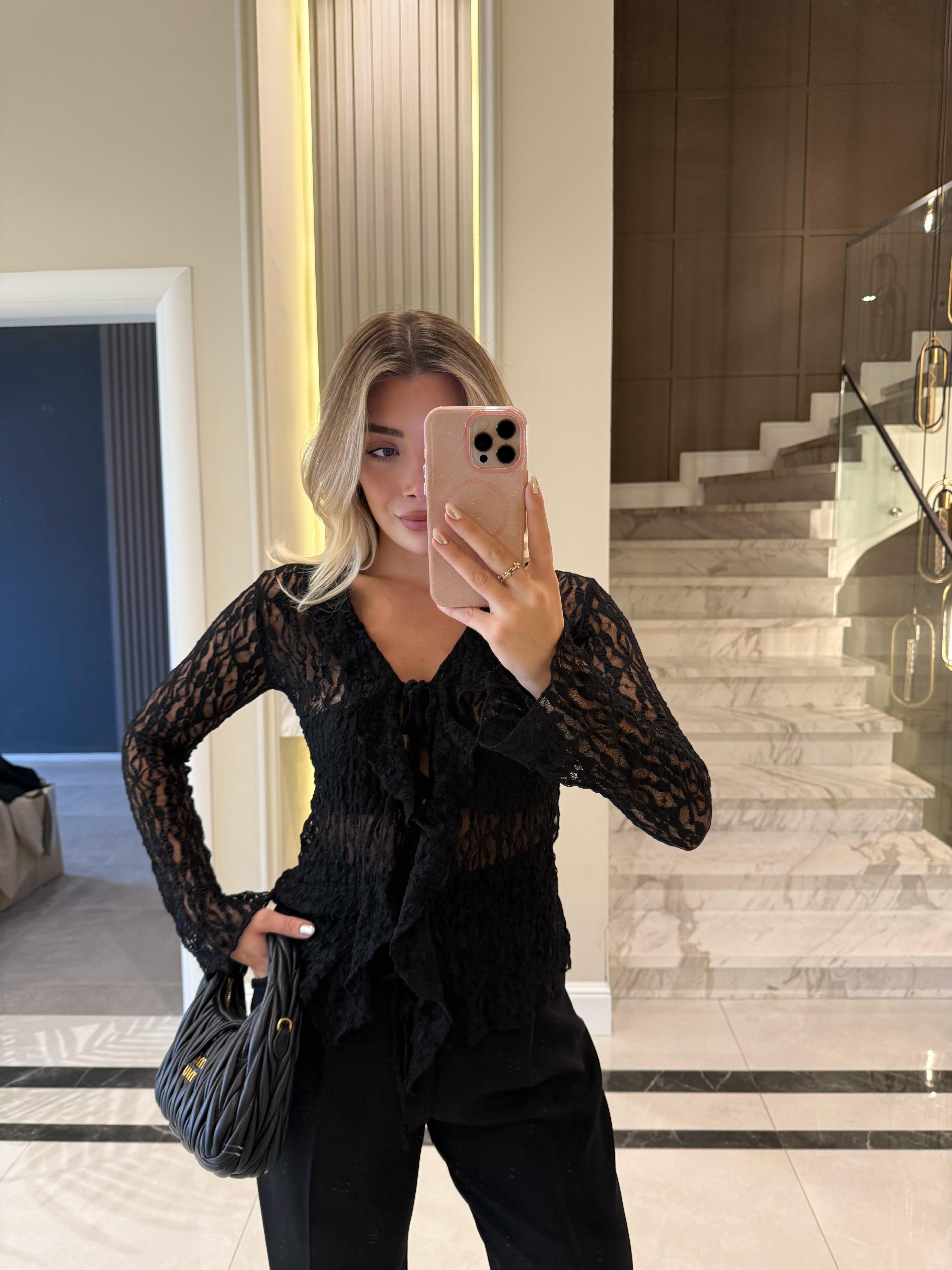 Siyah Önü Bağlamalı Transparan Bluz -1012