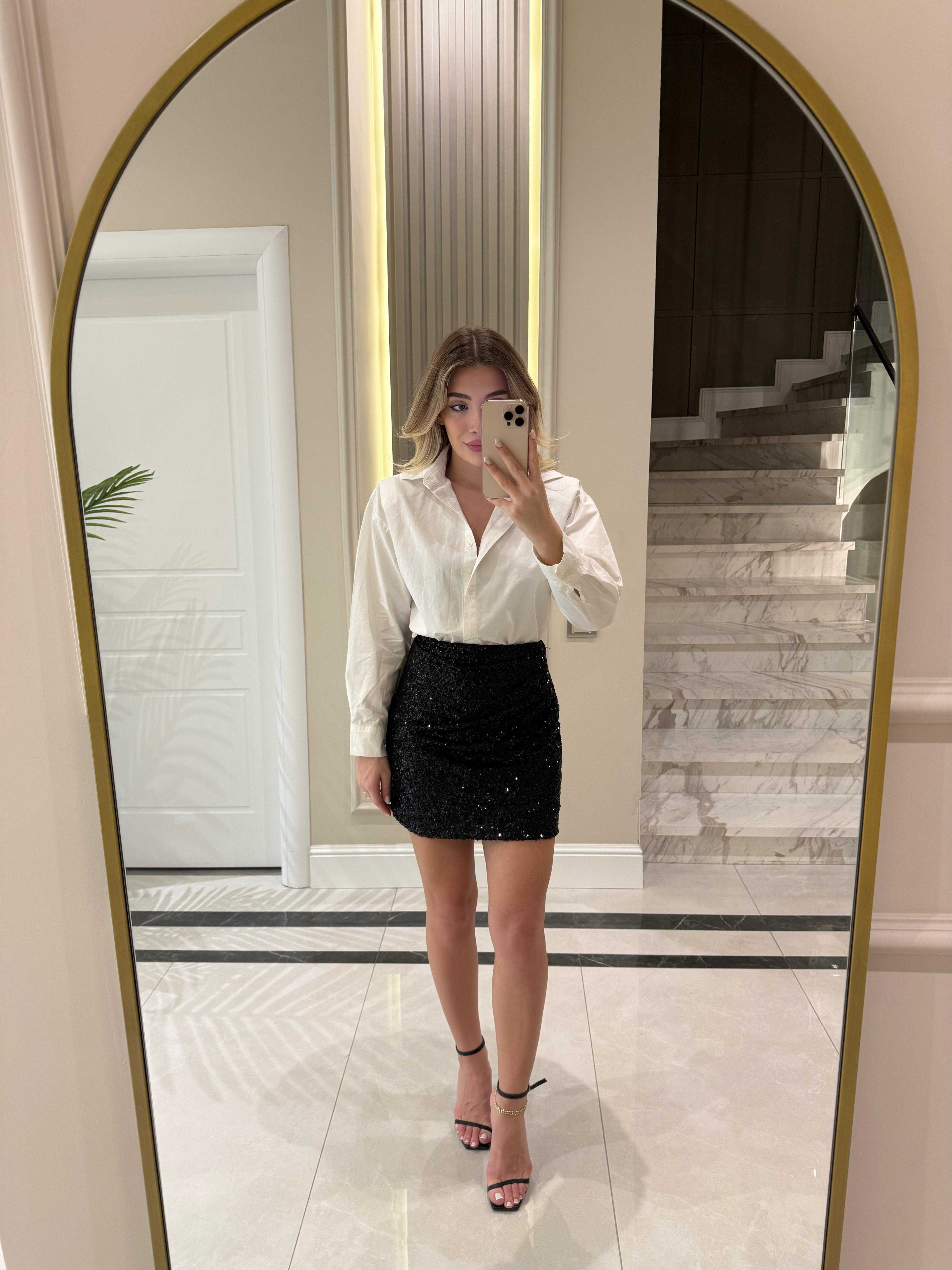 Siyah Payetli Drapeli Etek