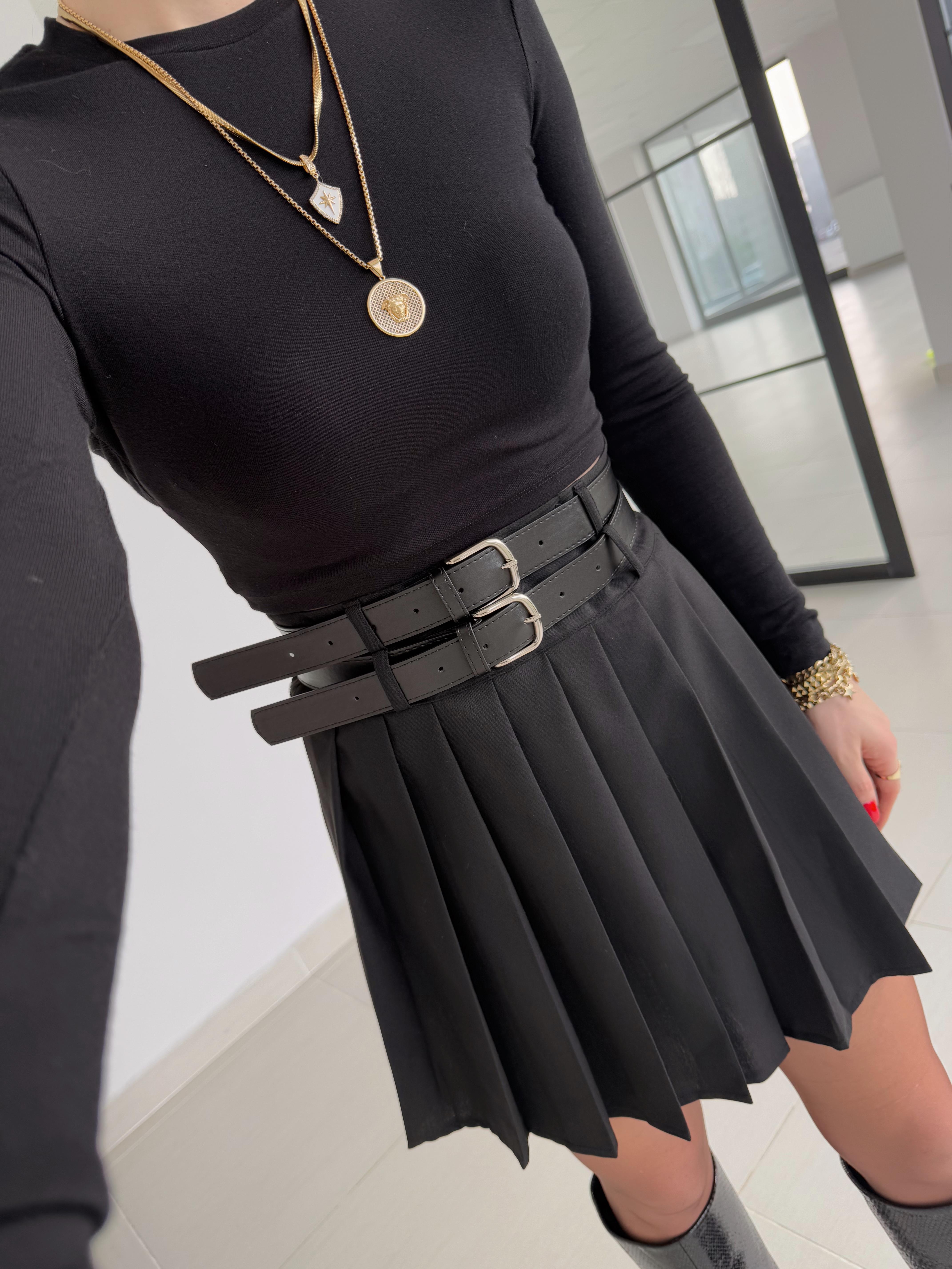 Siyah  Pilili Çift Kemerli Etek