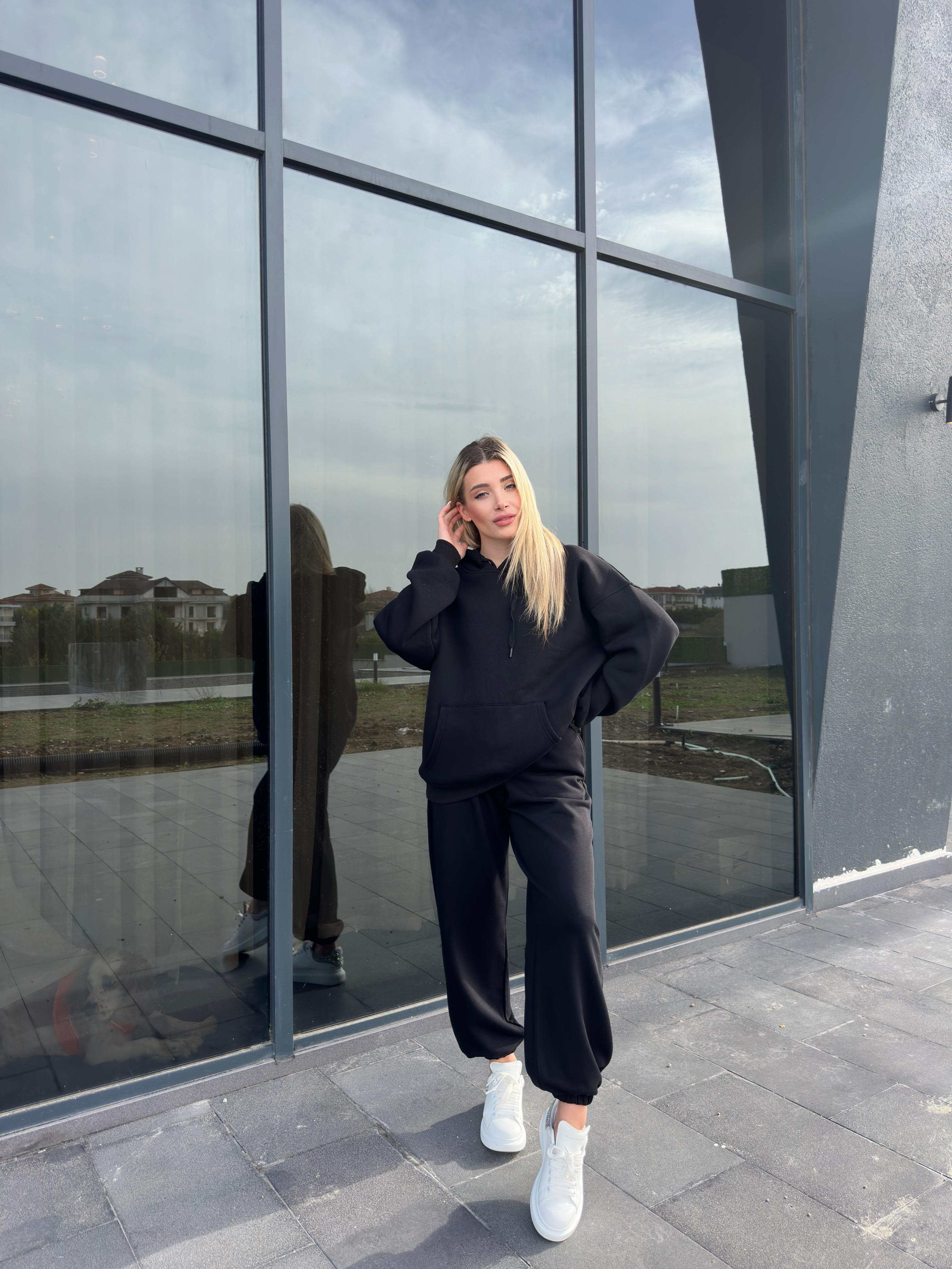 Siyah Şardonlu Oversize Sweatshirt Takım