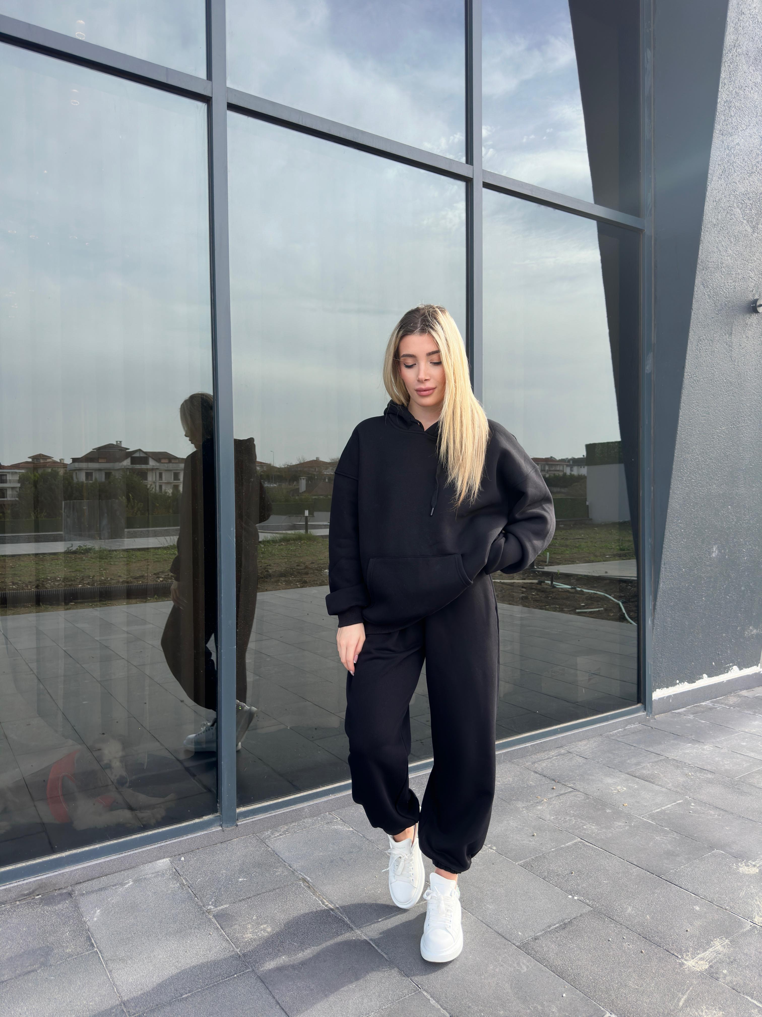 Siyah Şardonlu Oversize Sweatshirt Takım