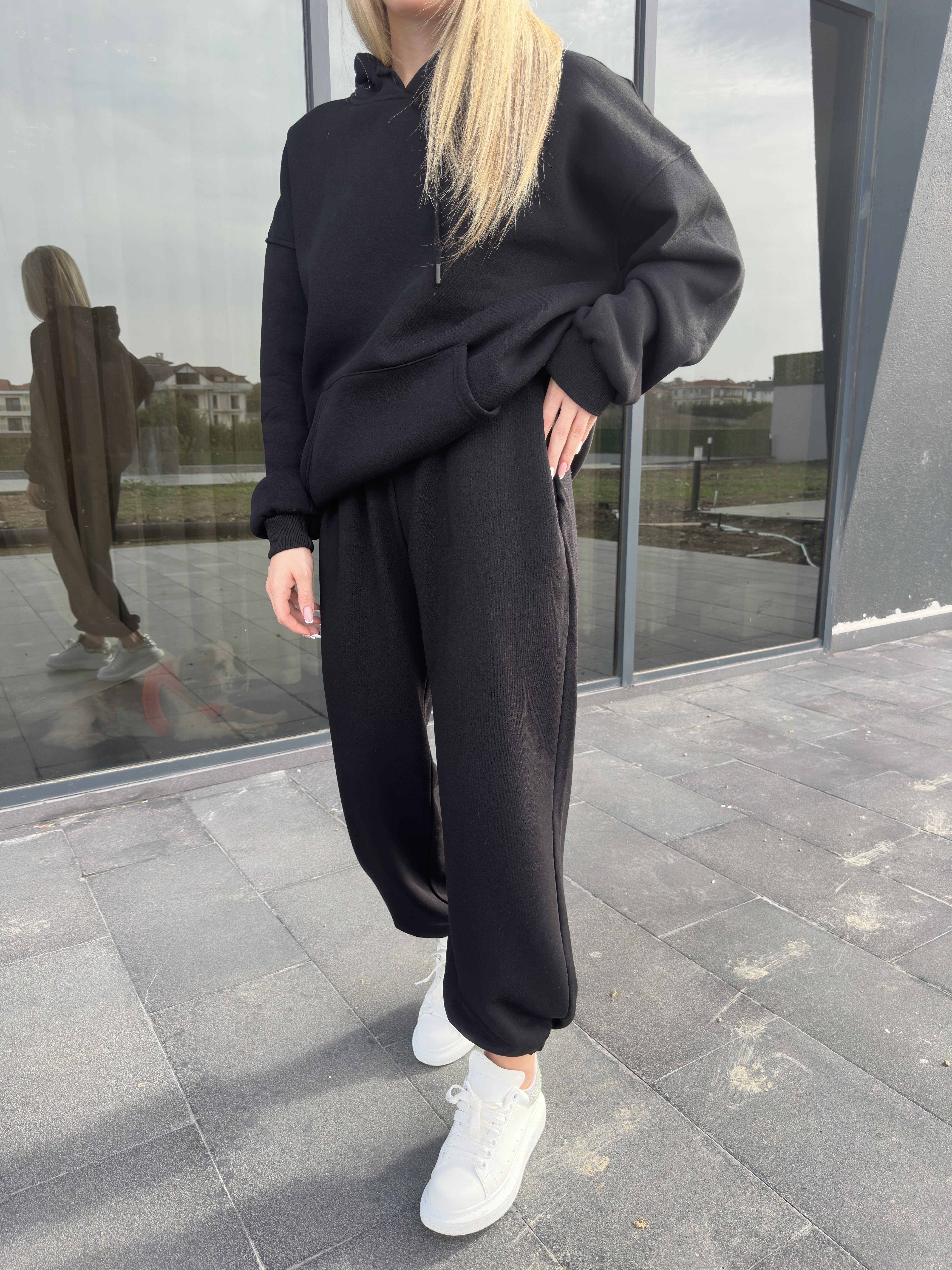 Siyah Şardonlu Oversize Sweatshirt Takım
