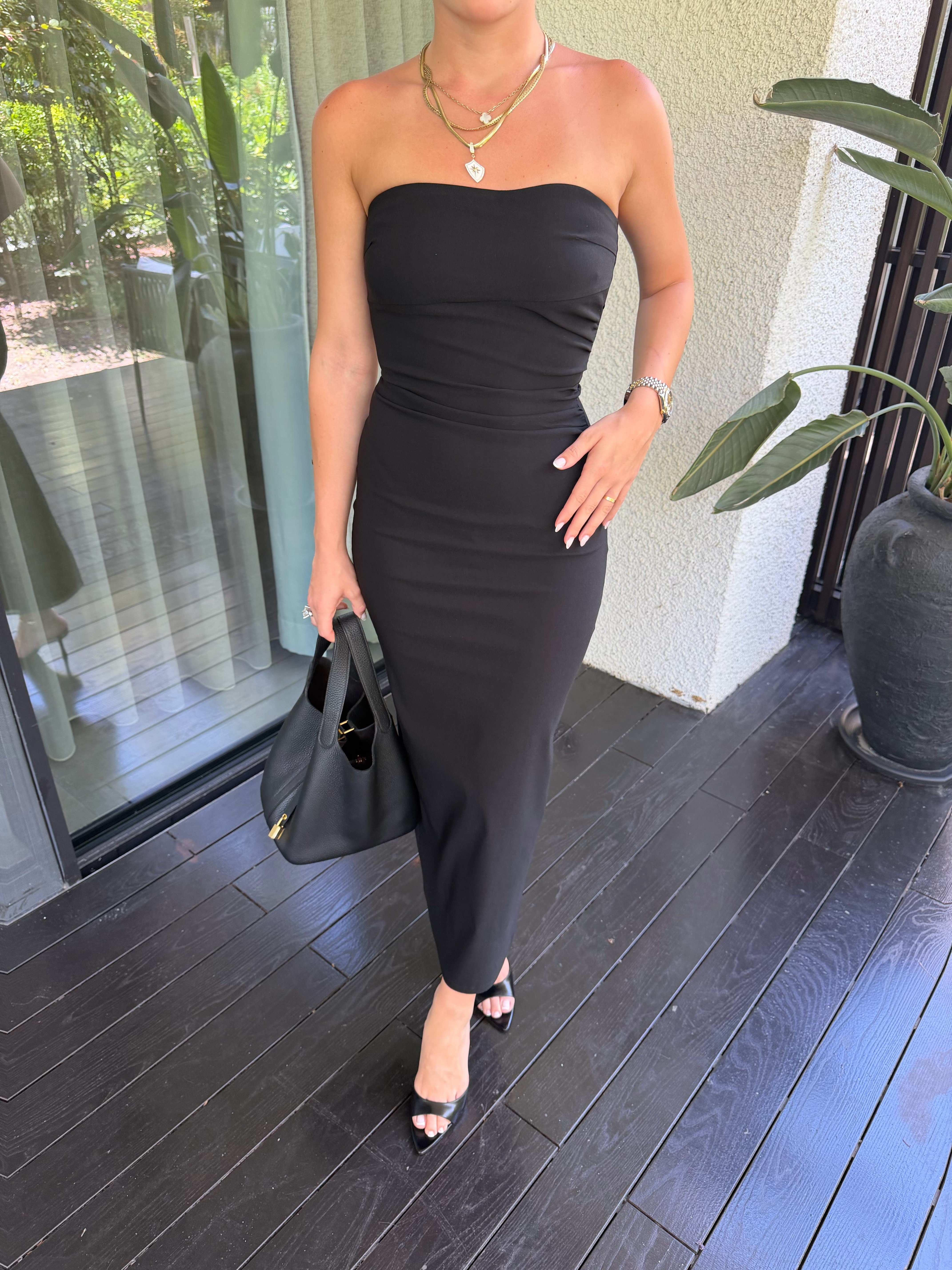 Siyah Straplez Midi Elbise-91368