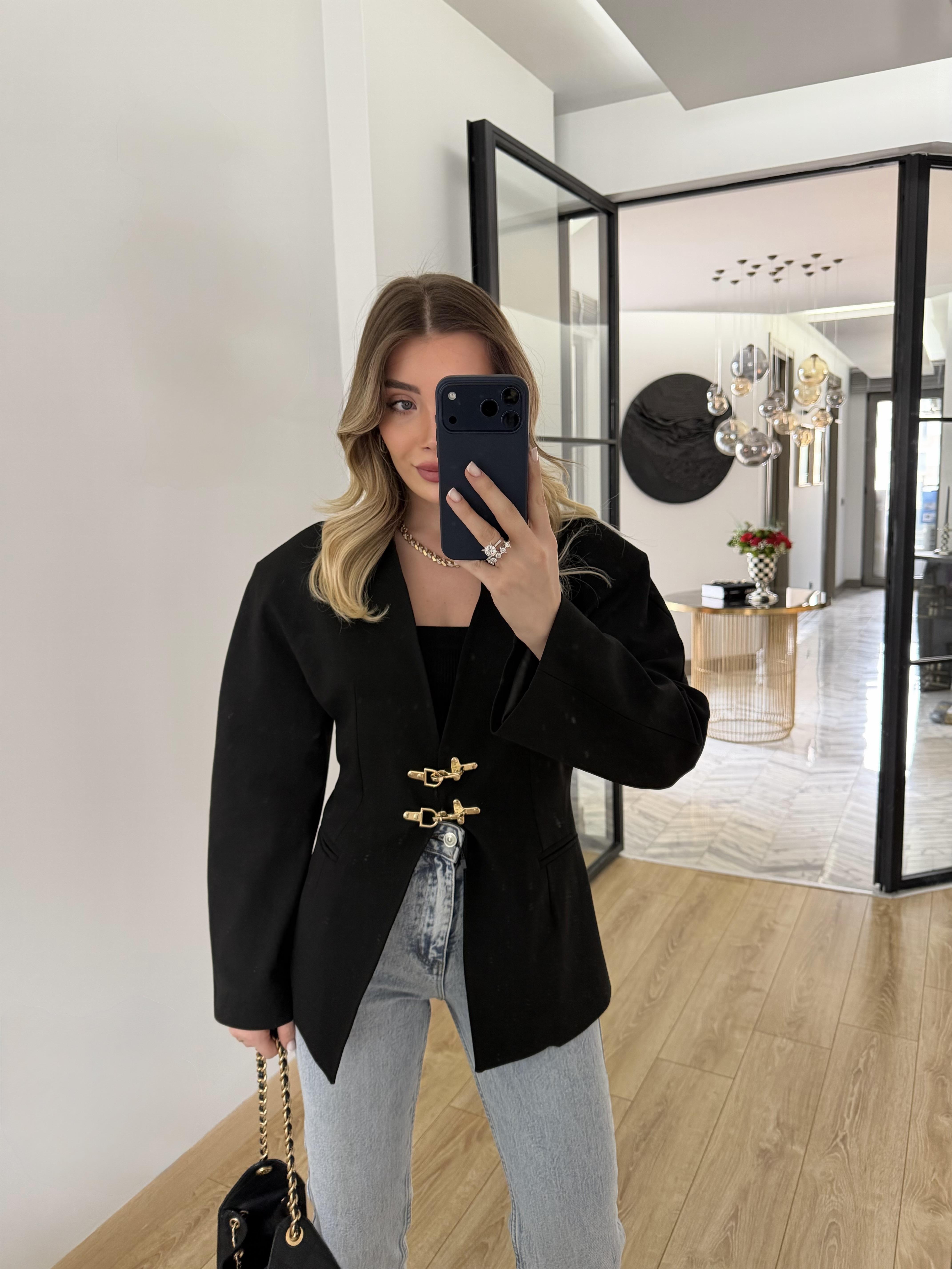 Siyah Yakasız Blazer Ceket-9726