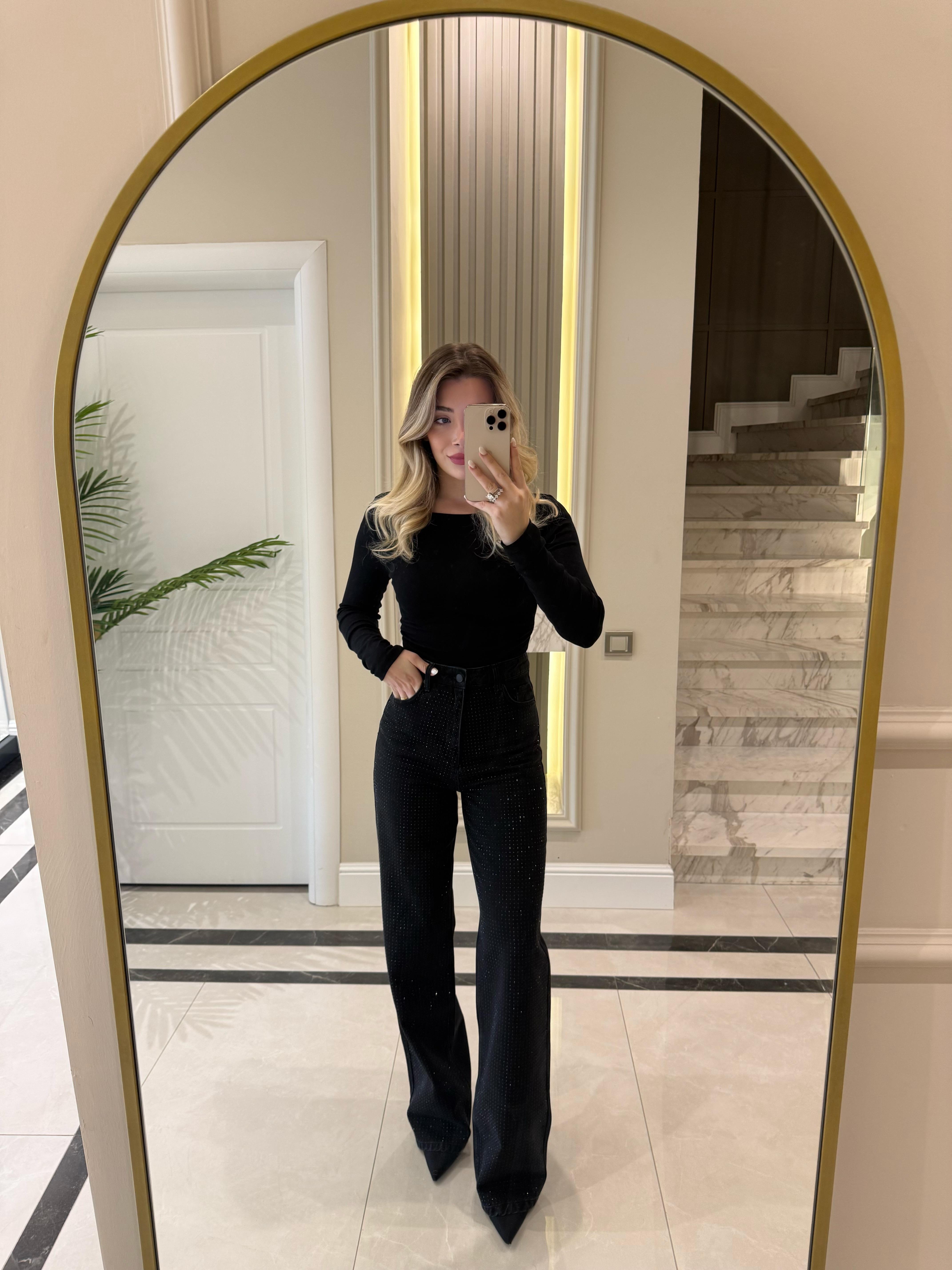 Siyah Taşlı Wide Leg Jean 