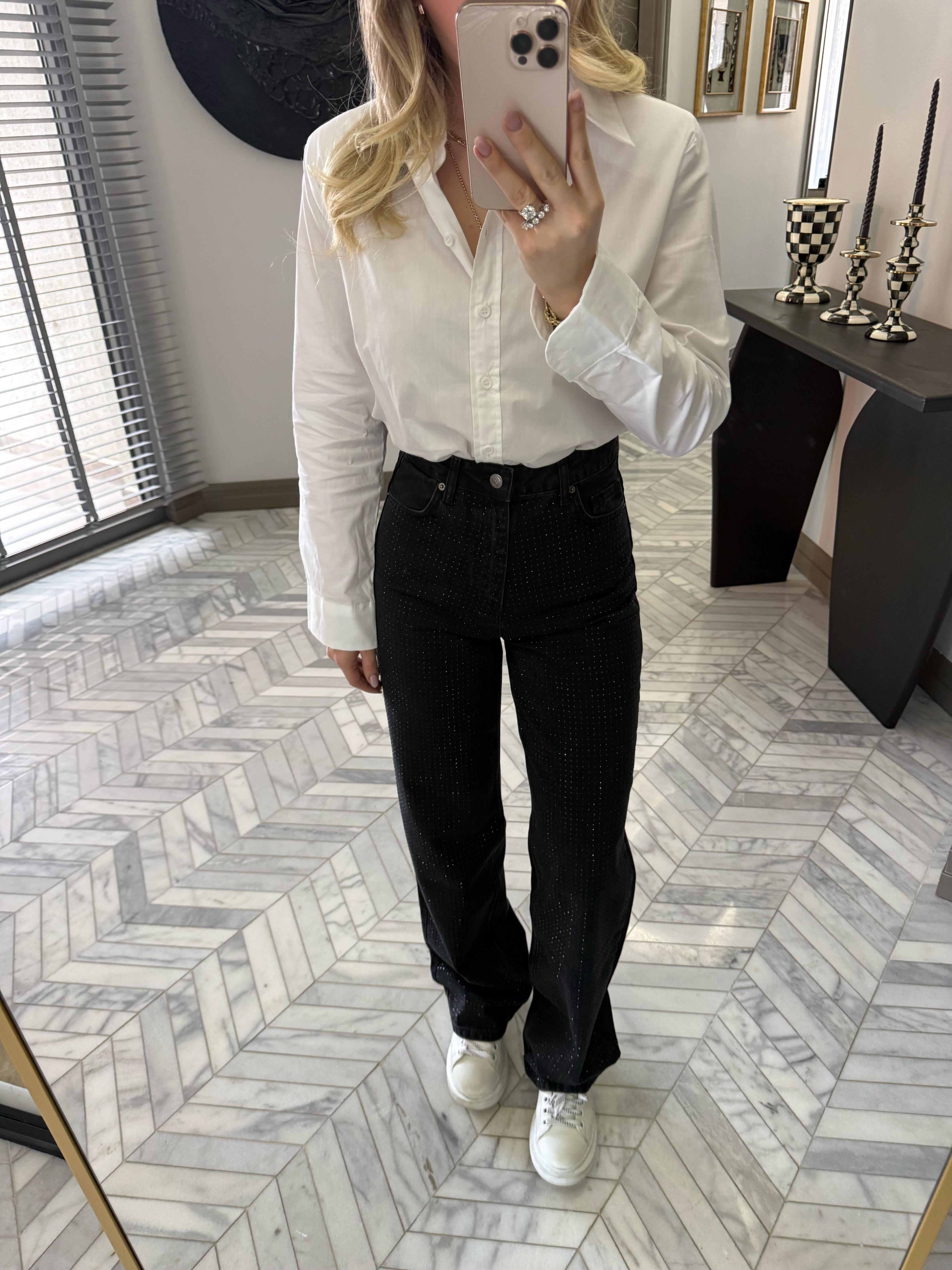 Siyah Taşlı Wide Leg Jean