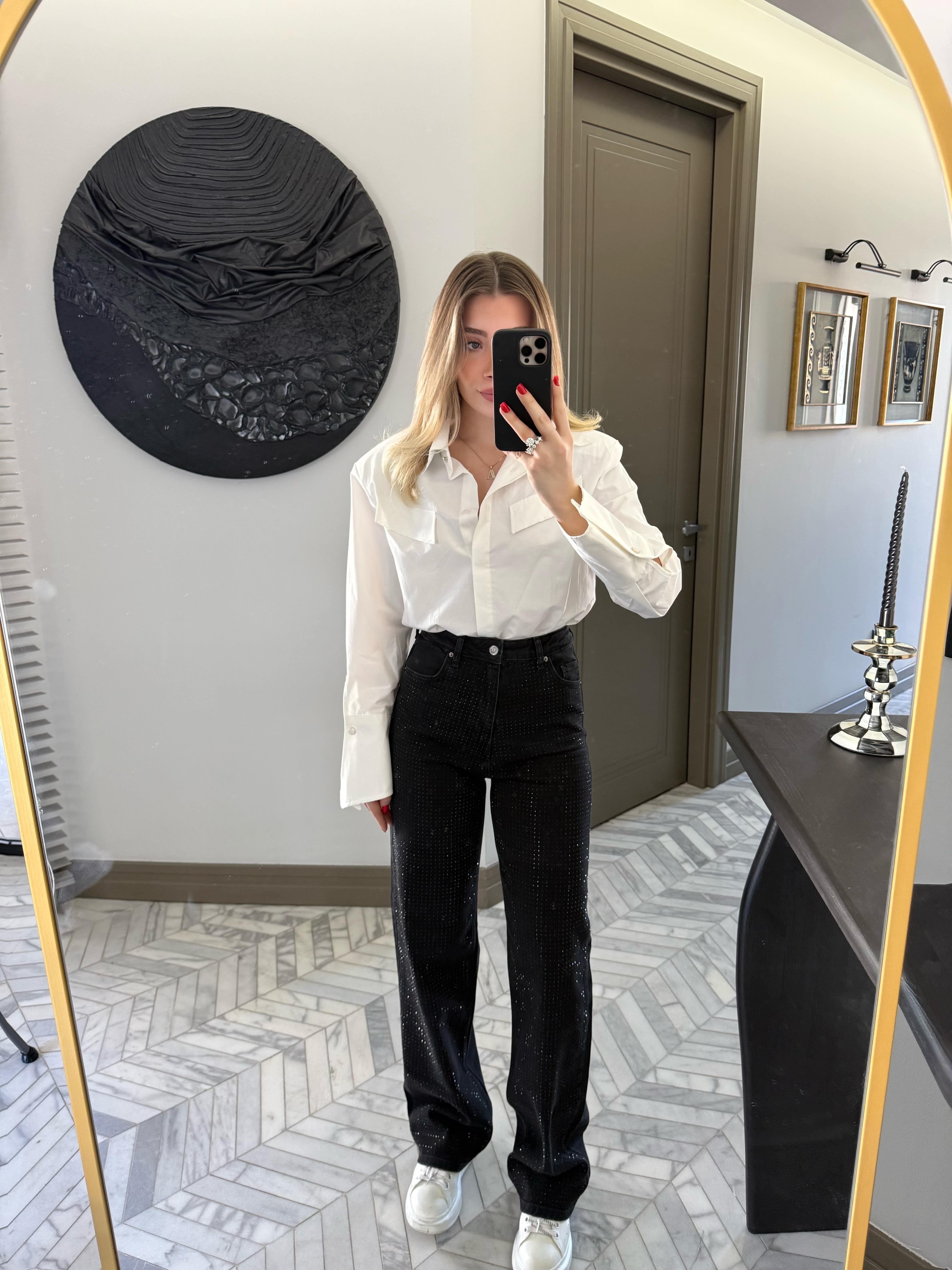 Siyah Taşlı Wide Leg Jean