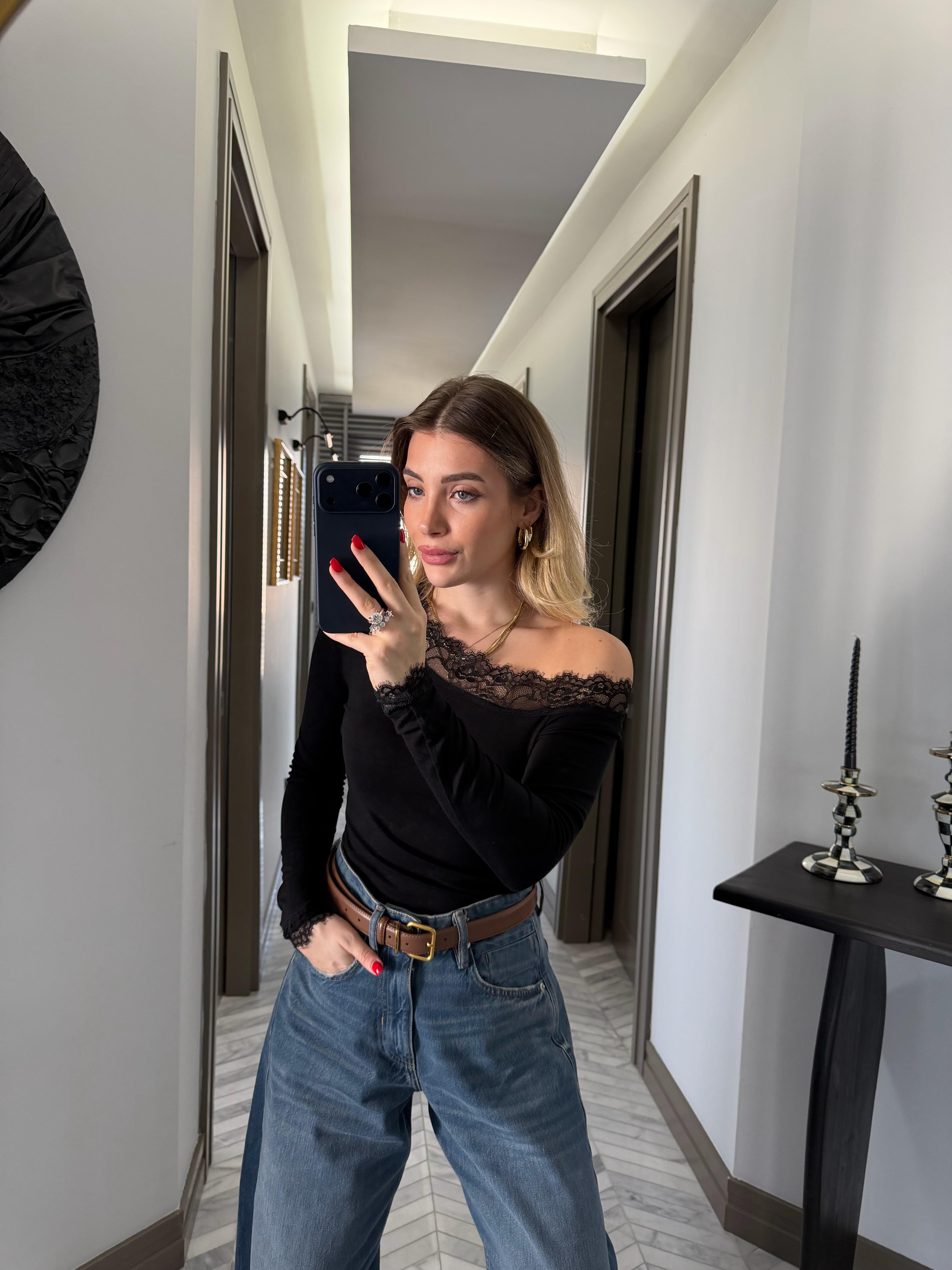 Siyah Tek Omuz Açık Dantelli Bluz-1016