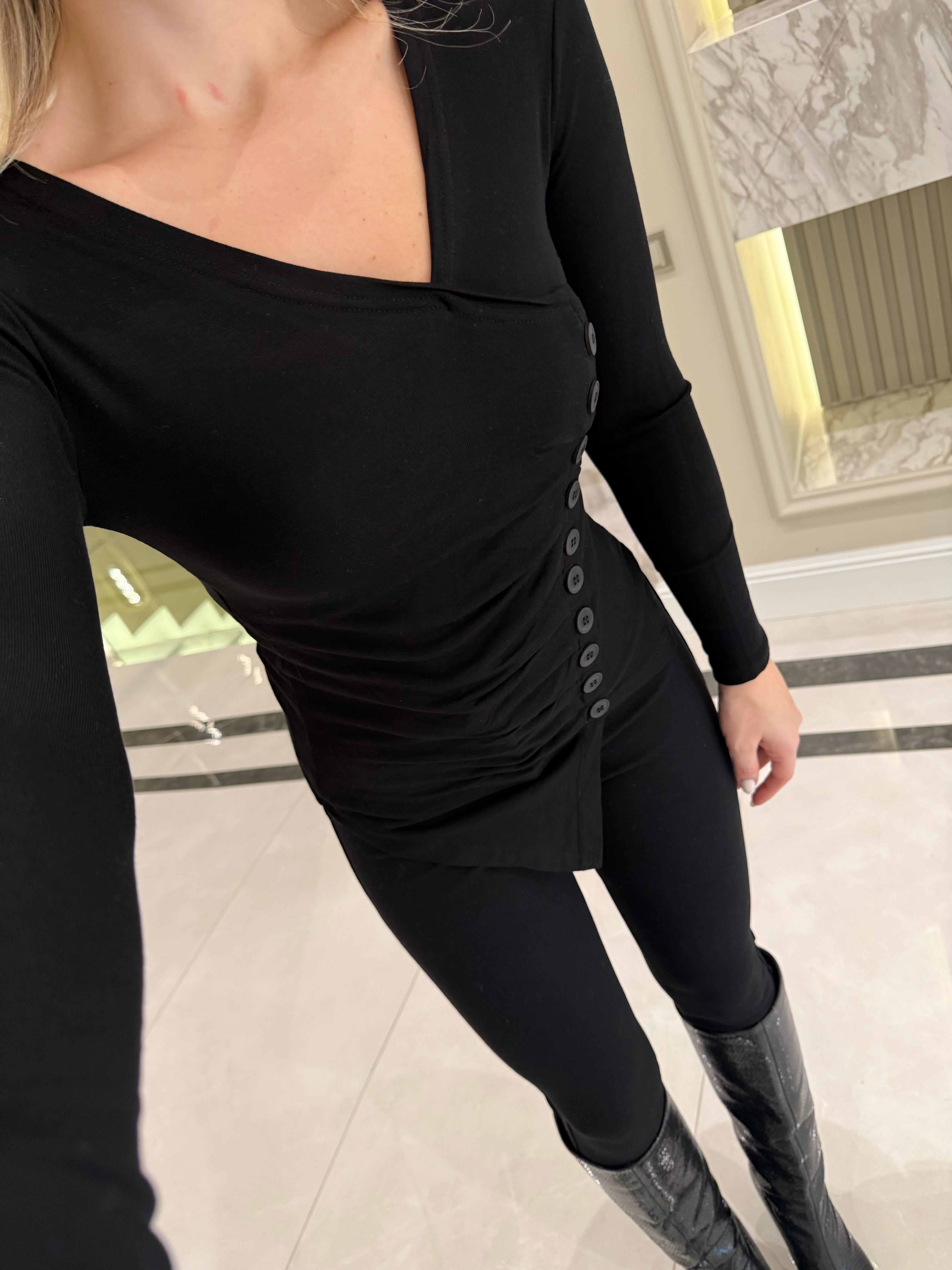 Siyah Yandan Düğmeli Bluz-1074