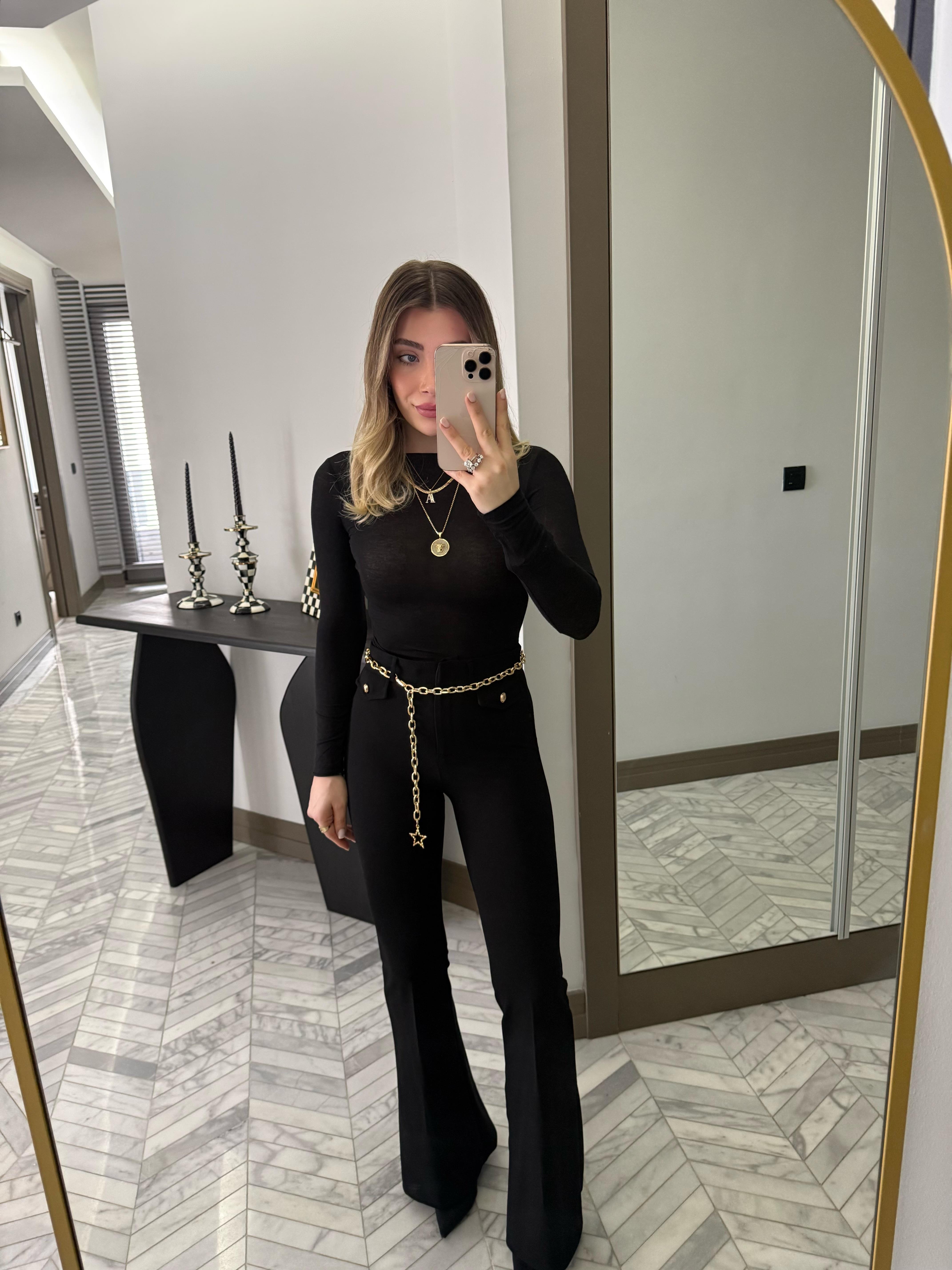 Siyah Zincirli Tayt Pantolon-7088