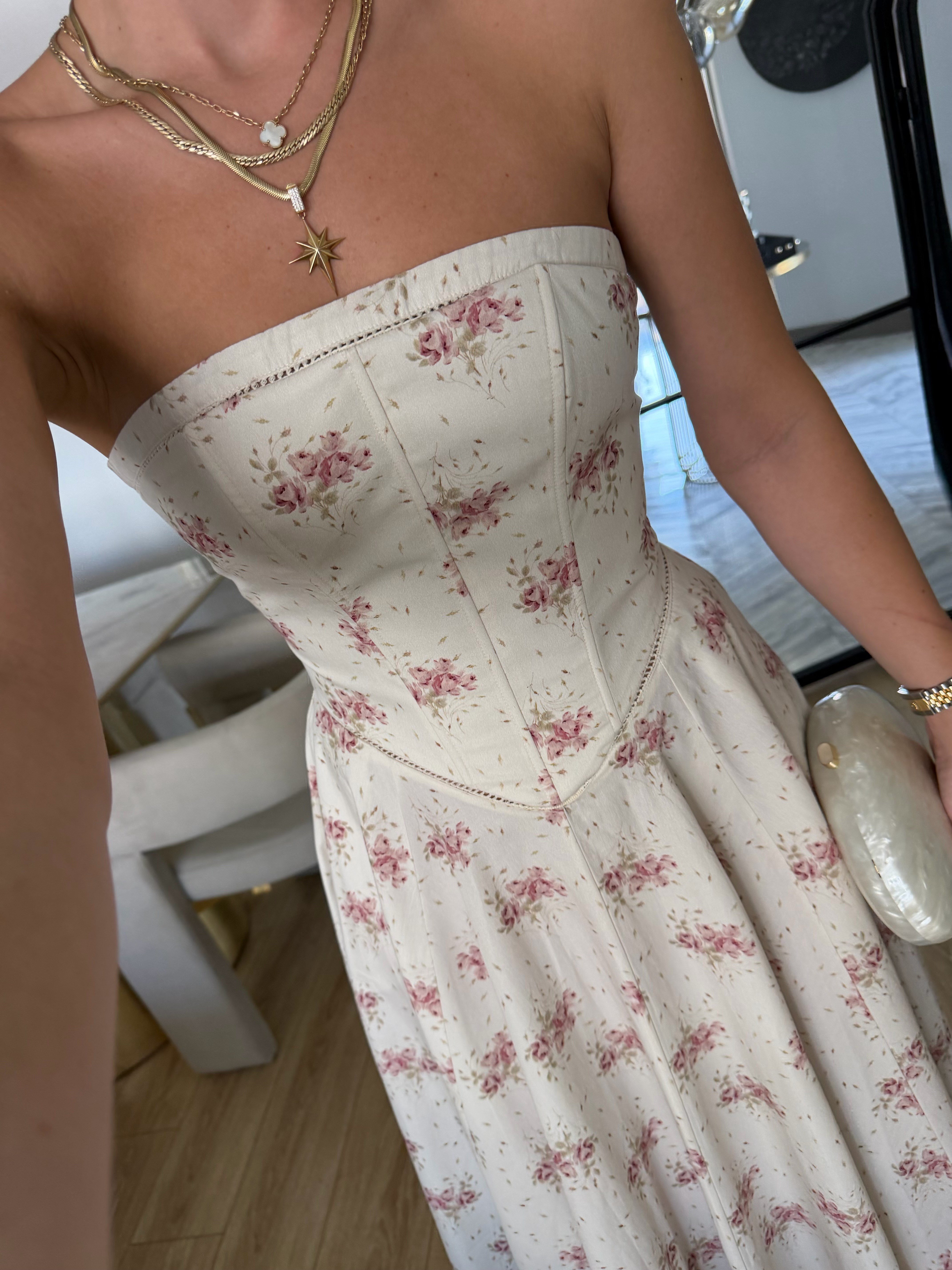 Straplez Çiçek Desenli Elbise Ekru-Rose - 12470