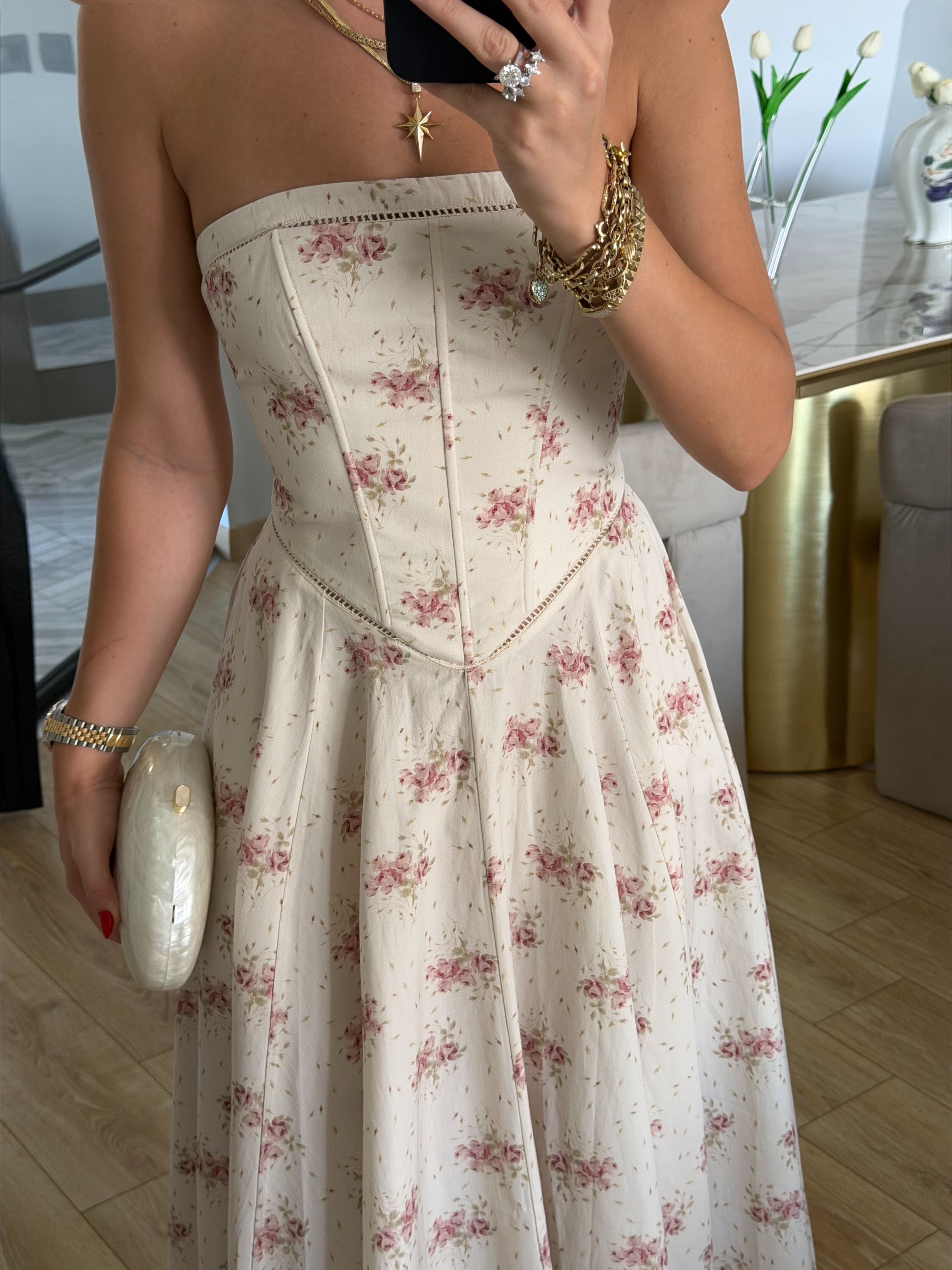 Straplez Çiçek Desenli Elbise Ekru-Rose - 12470