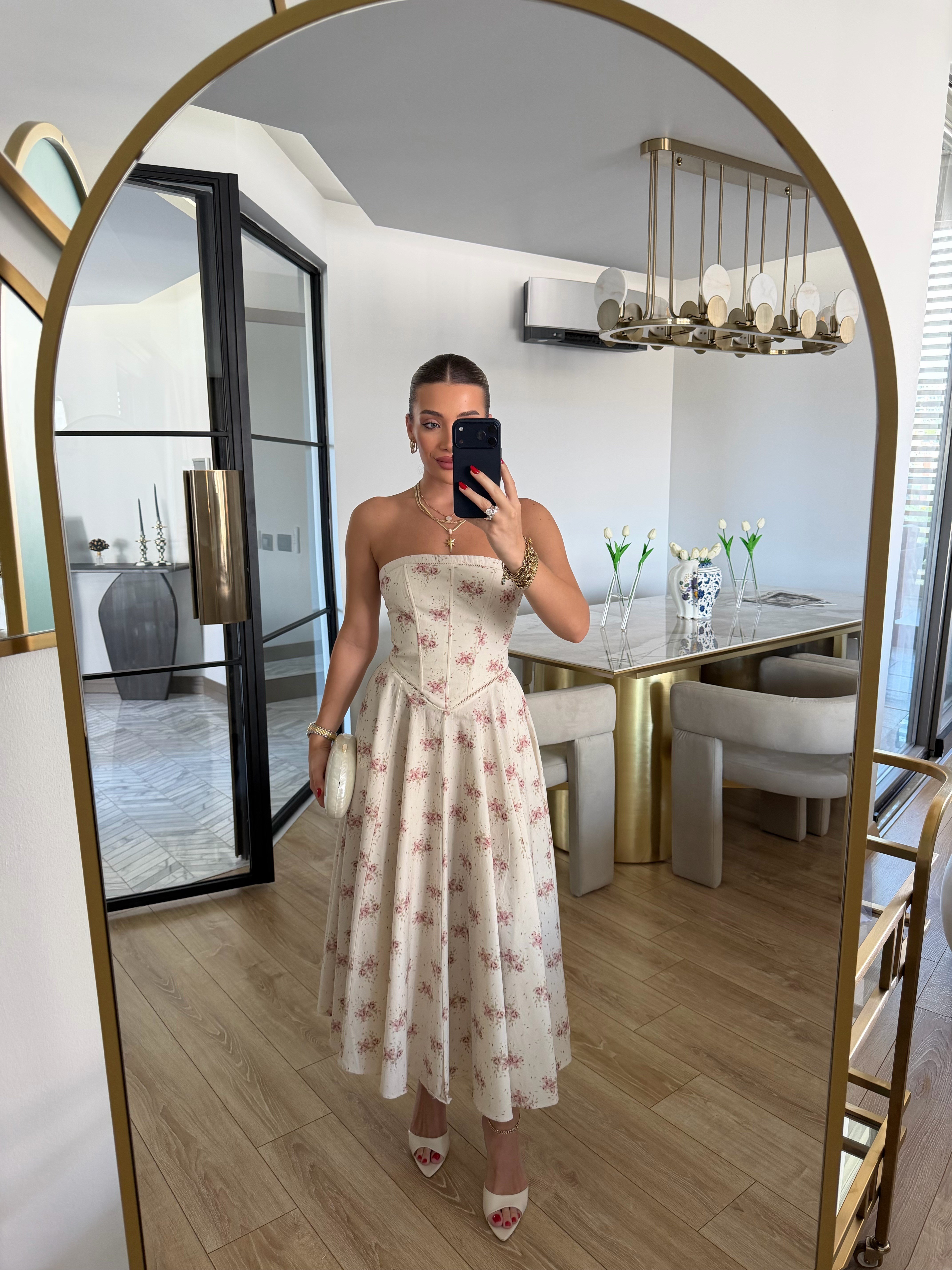 Straplez Çiçek Desenli Elbise Ekru-Rose - 12470