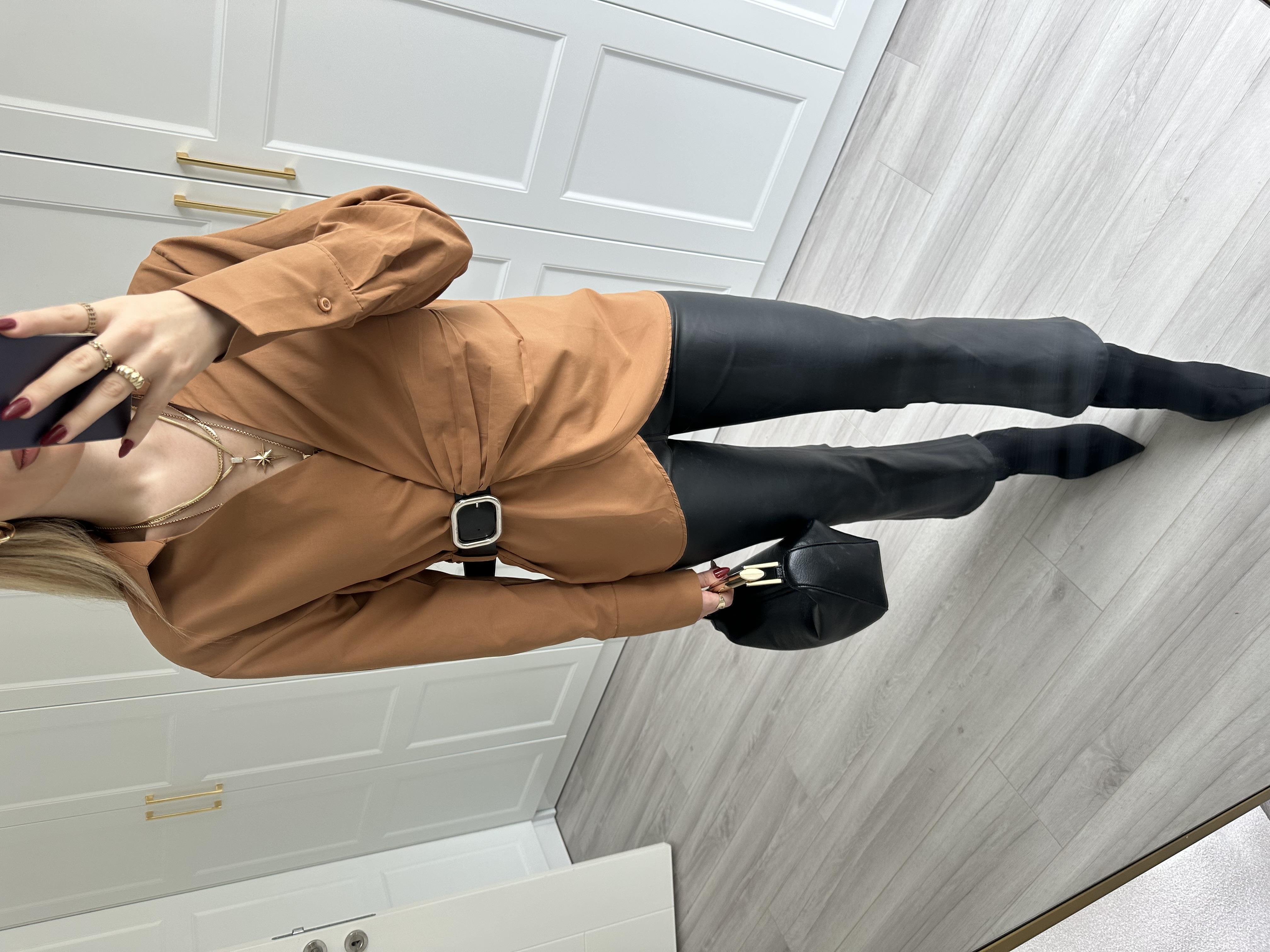Taba Poplin Tasarım Kemer Detaylı Gömlek 
