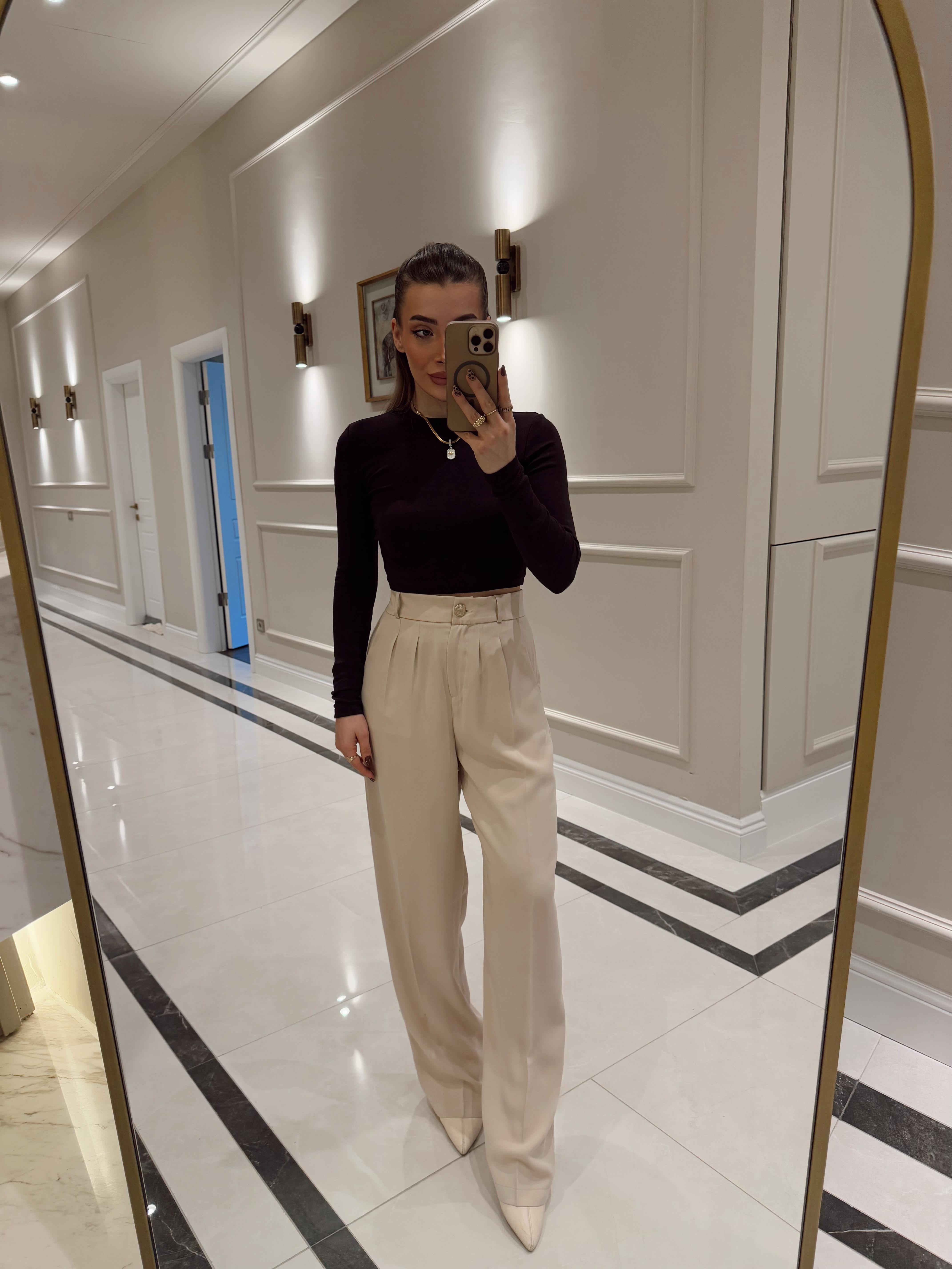 Taş Gold Düğmeli Pileli Palazzo Pantolon