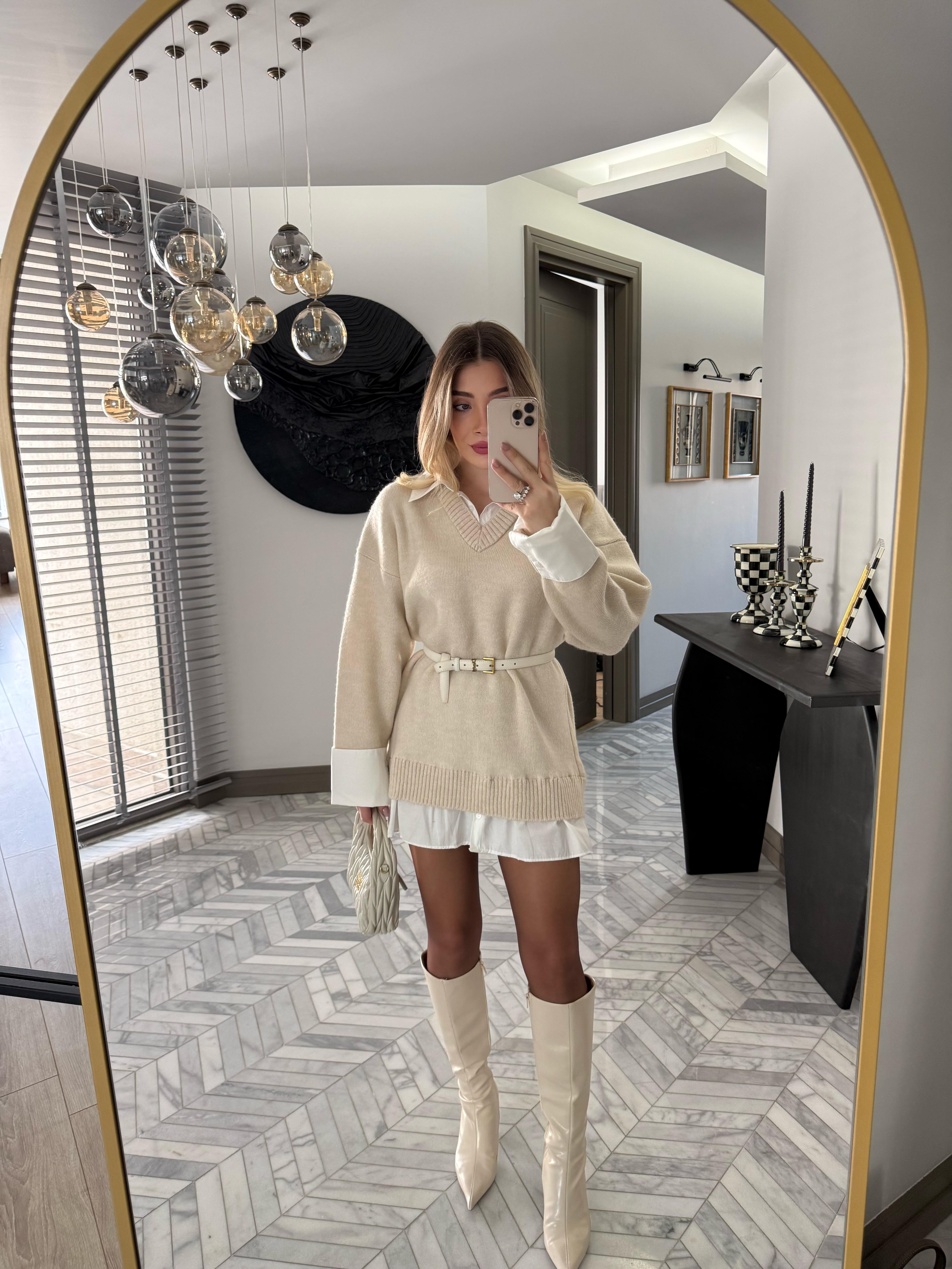 Taş Gömlek Görünümlü V Yaka Elbise-4661