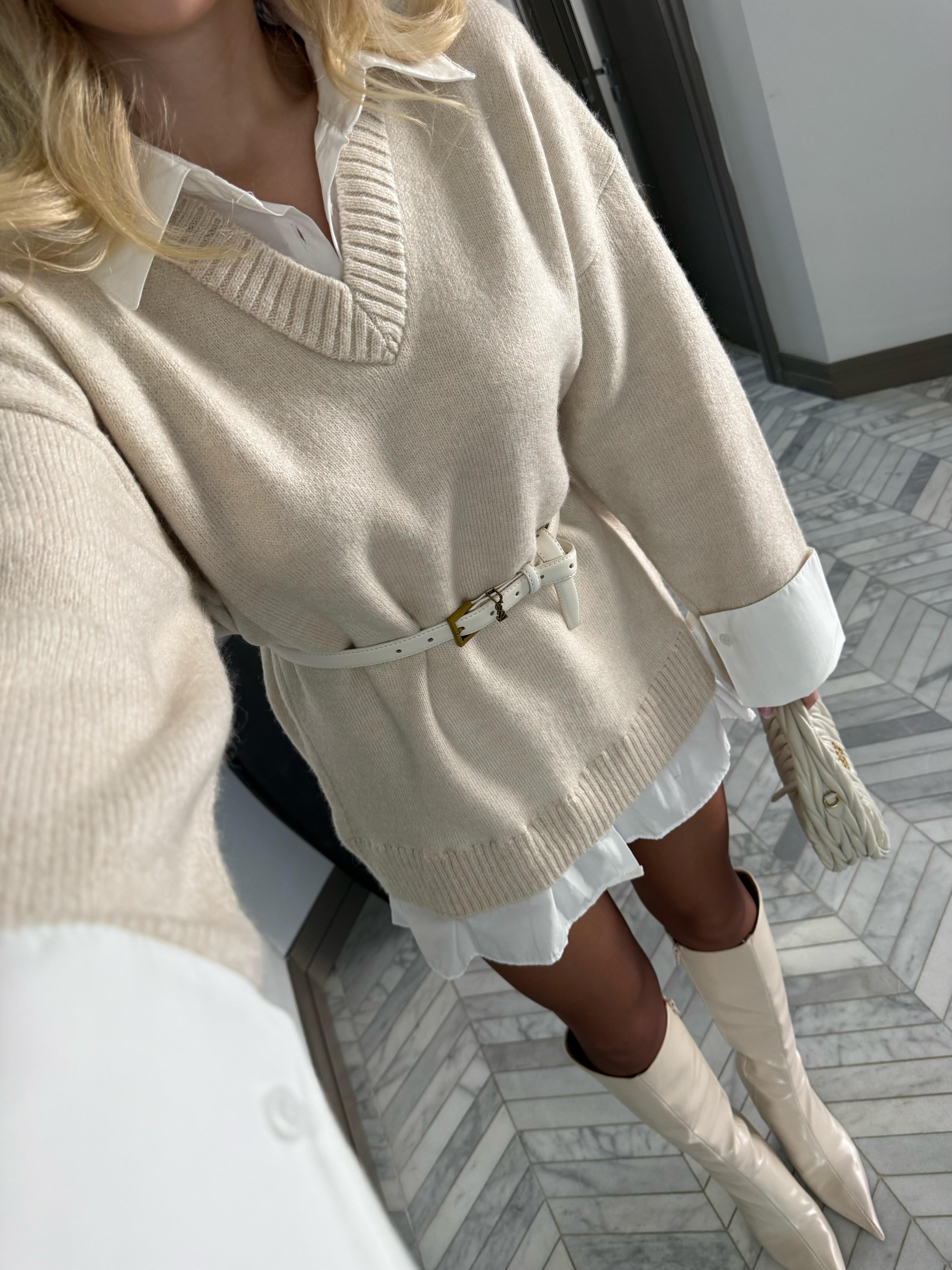 Taş Gömlek Görünümlü V Yaka Elbise-4661