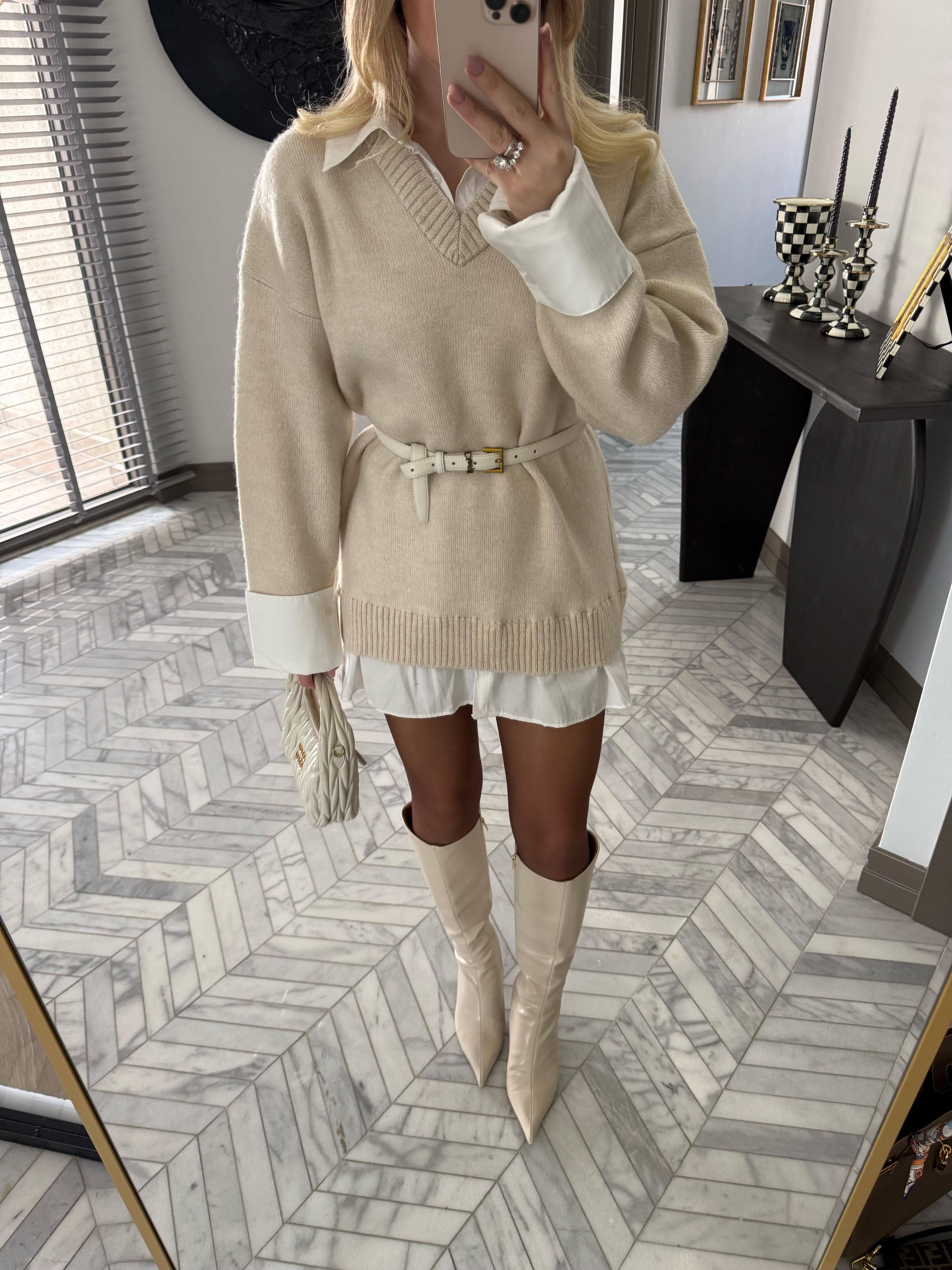 Taş Gömlek Görünümlü V Yaka Elbise-4661