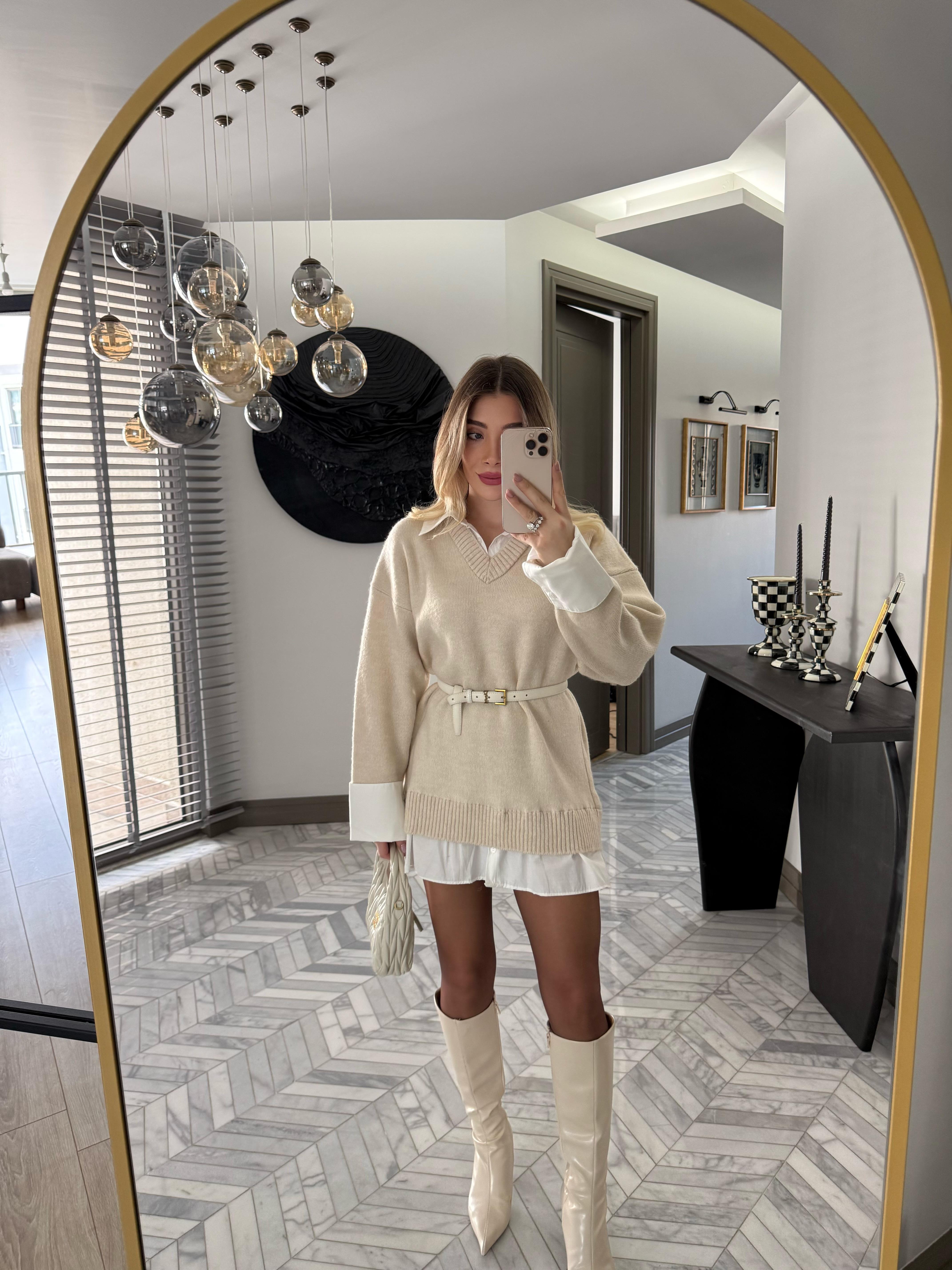 Taş Gömlek Görünümlü V Yaka Elbise-4661