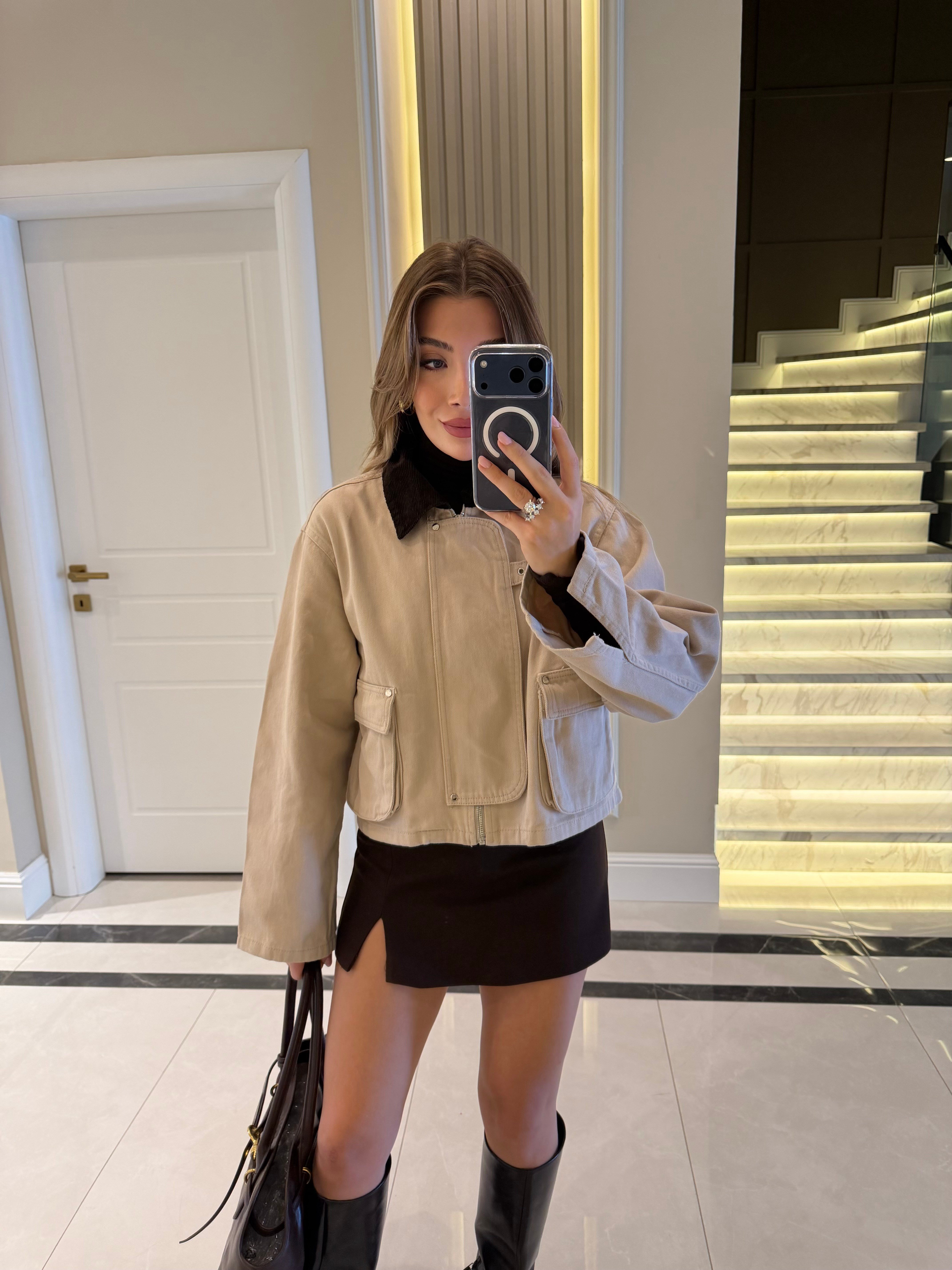 Taş Kadife Yaka Gabardin Ceket - 1252