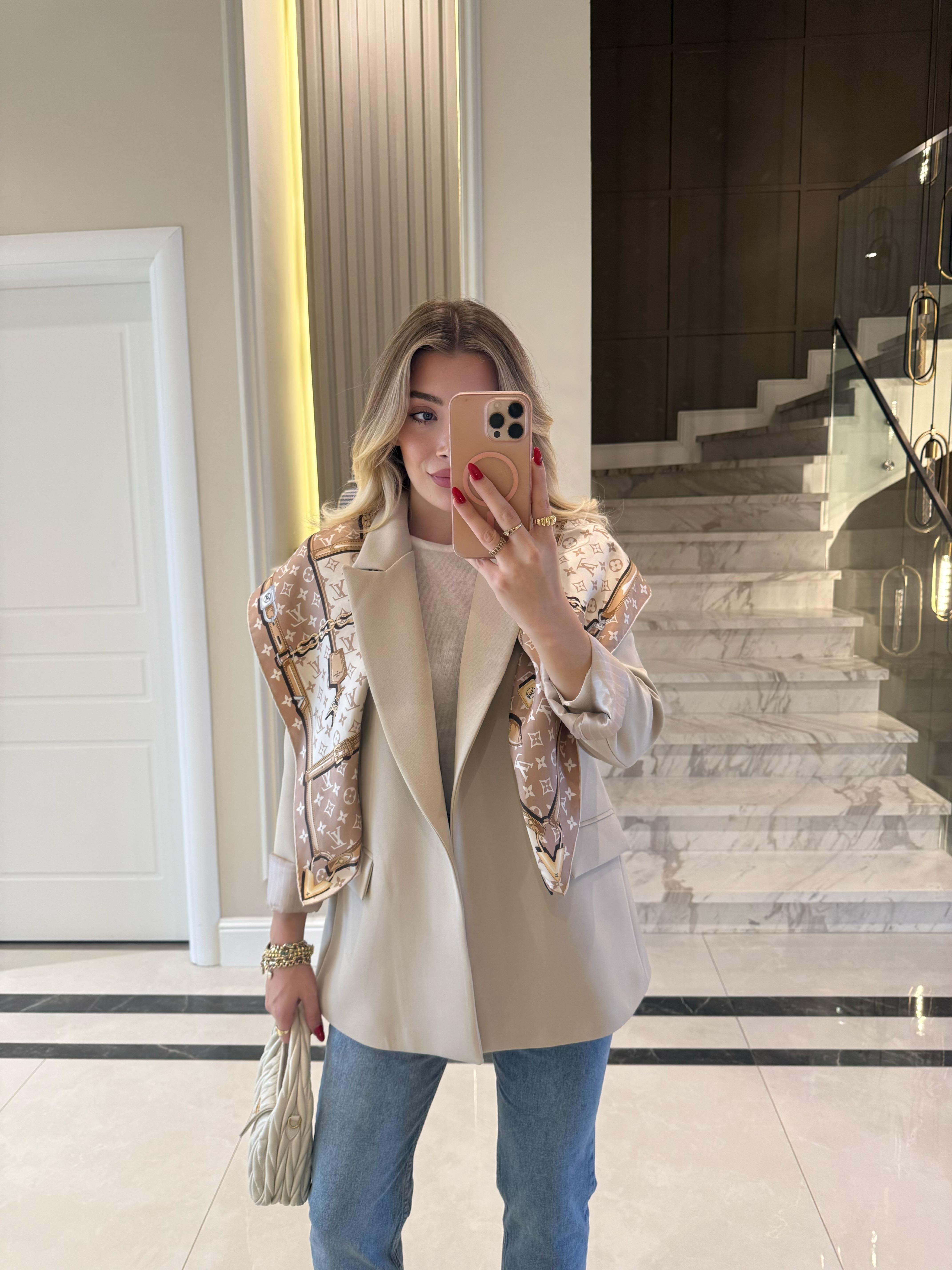 Taş Rengi  Çizgili Astarlı Blazer Ceket