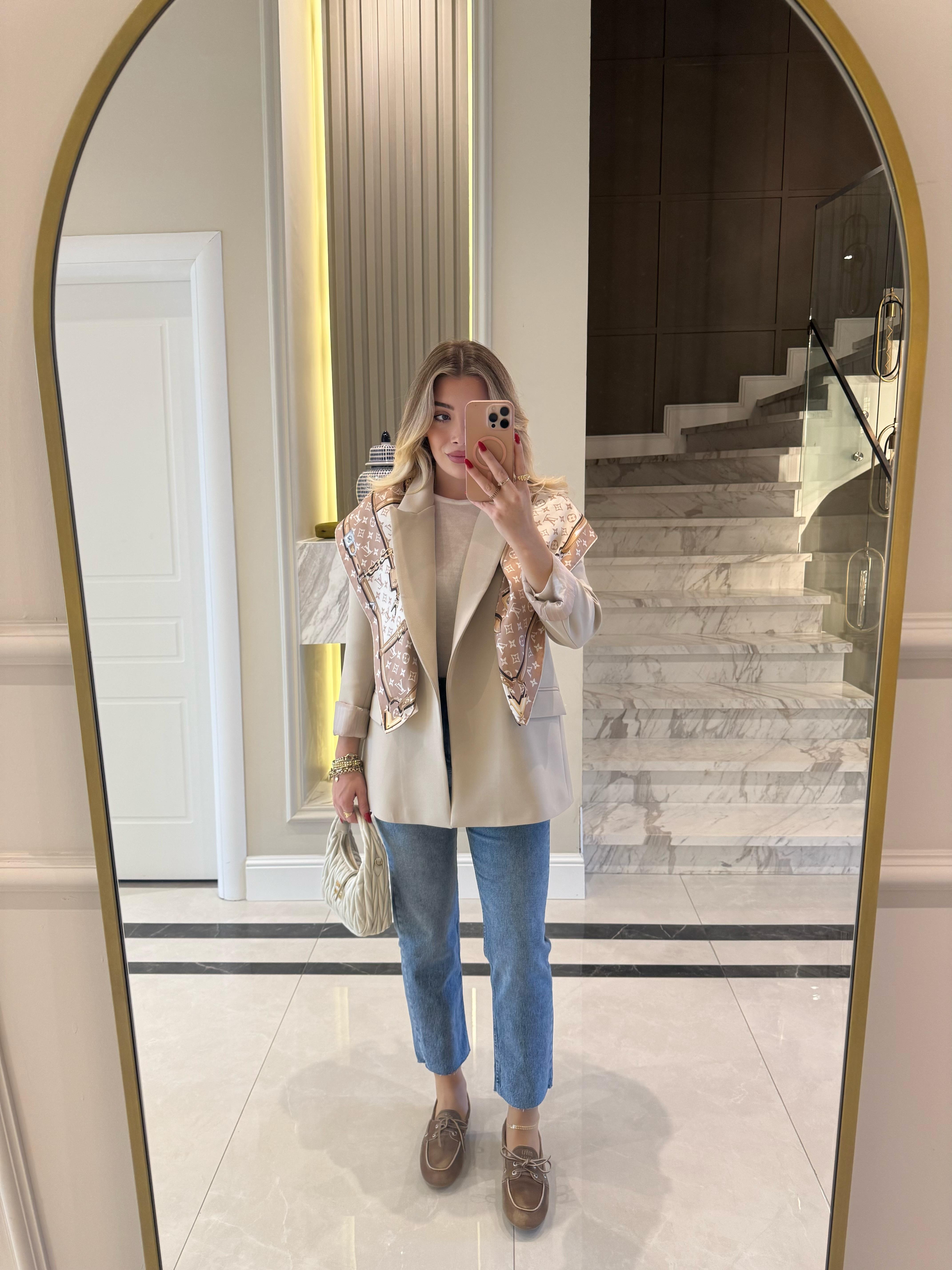 Taş Rengi  Çizgili Astarlı Blazer Ceket