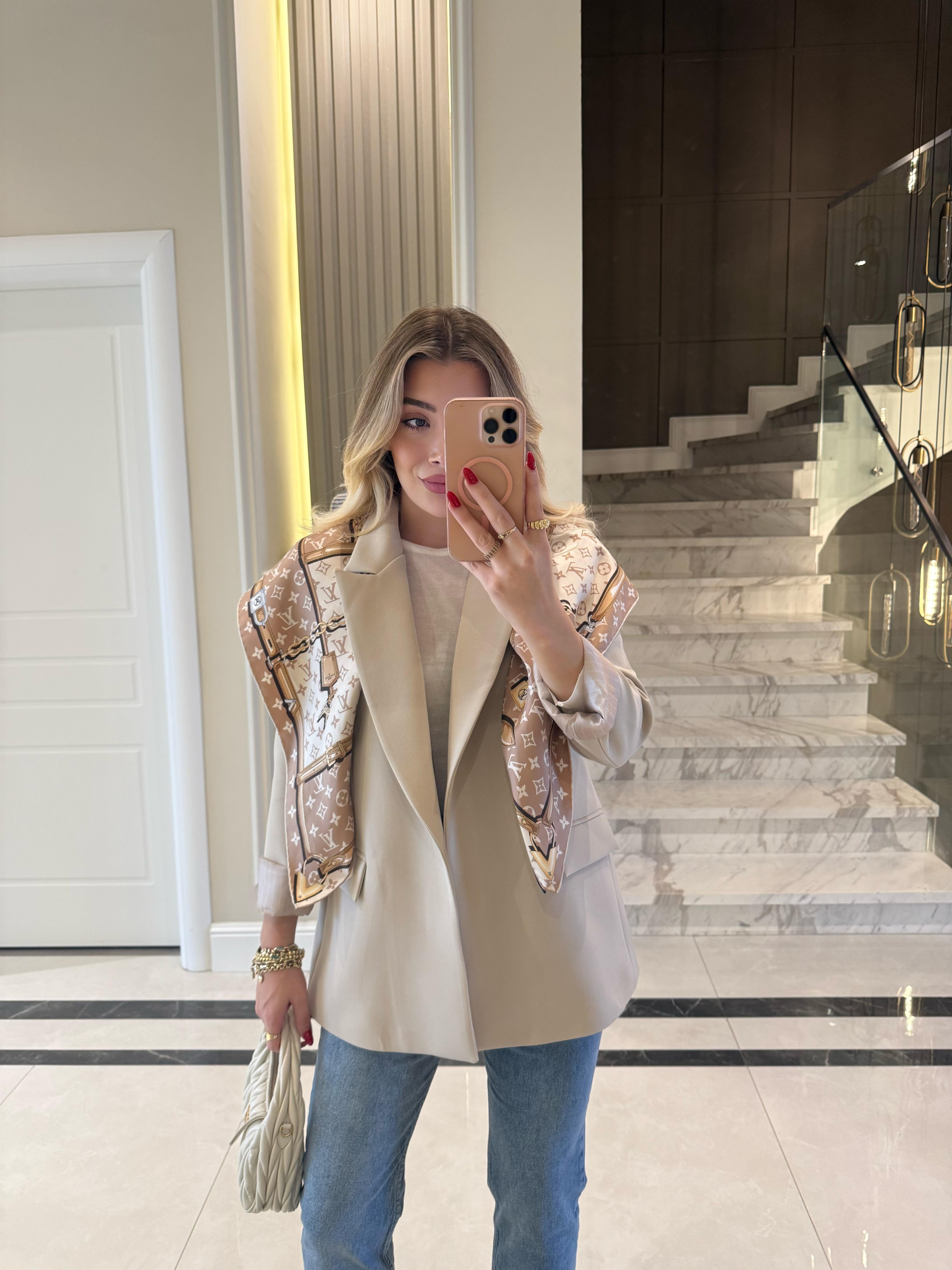 Taş Rengi  Çizgili Astarlı Blazer Ceket