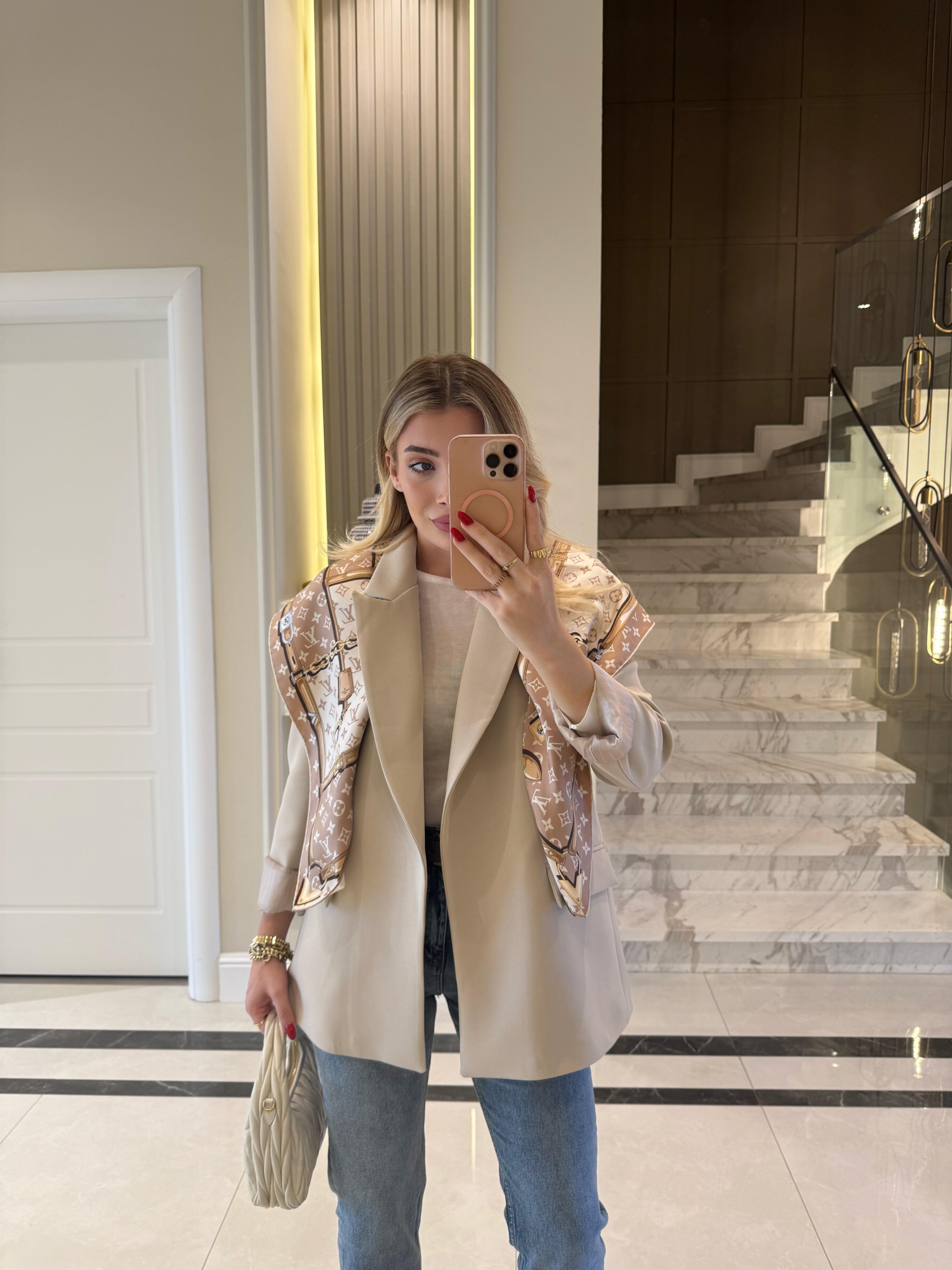 Taş Rengi  Çizgili Astarlı Blazer Ceket