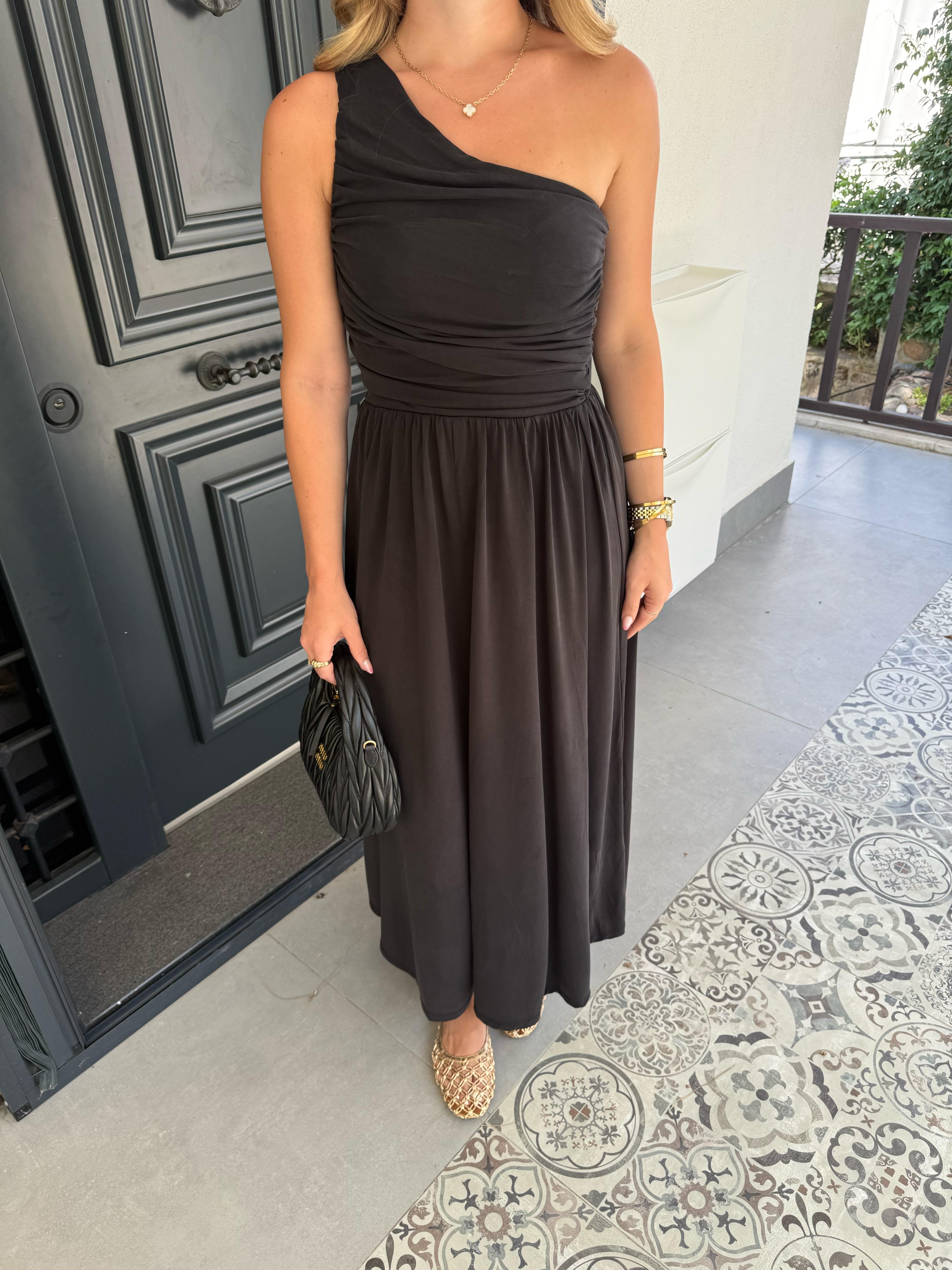 Tek Omuz Drapeli Modal Elbise - Siyah