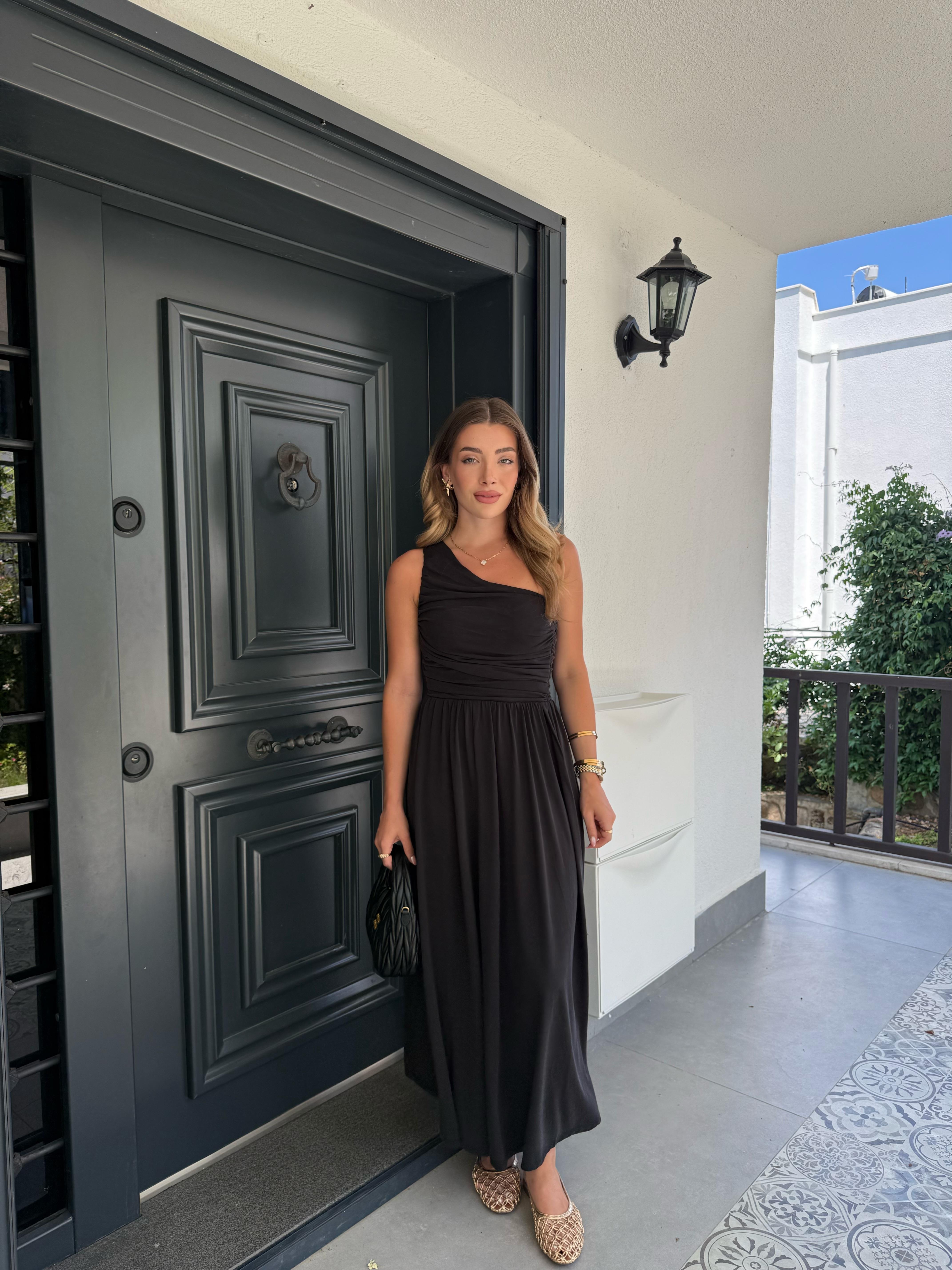 Tek Omuz Drapeli Modal Elbise - Siyah